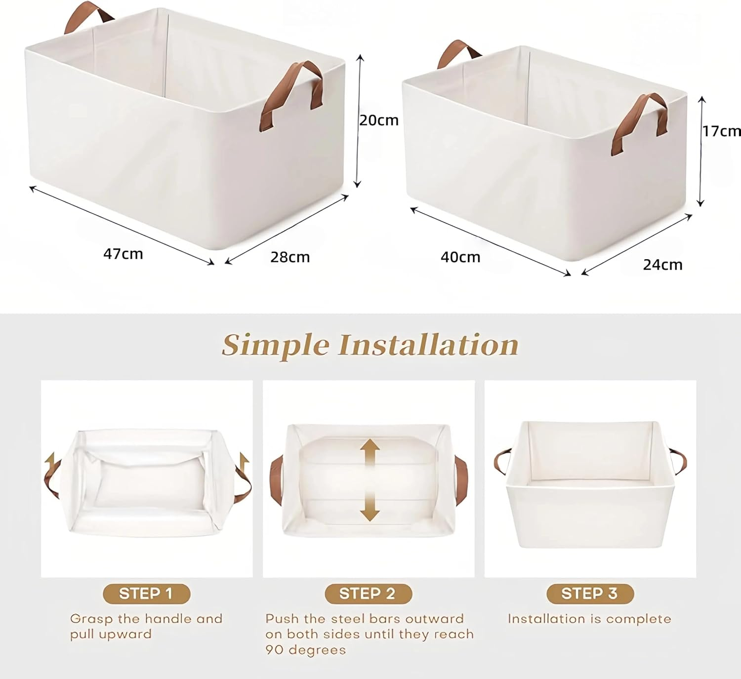 Sawjay Storage Bins for Shelves 47*28*20Cm, 3-Pack Storage Baskets for Closet, Large Linen Organizers and Storage Bins for Bedroom, Collapsible Baskets and Bins with Handles, Beige image number 3