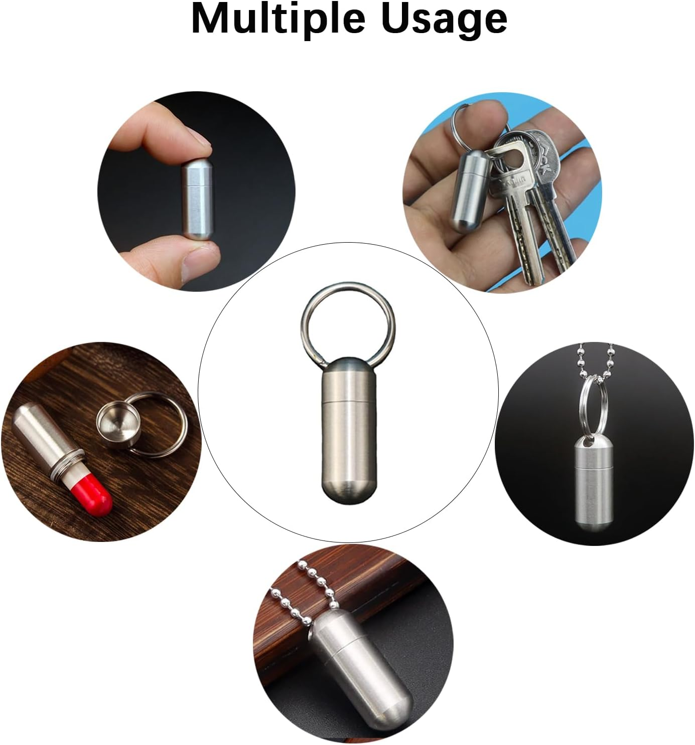 Keychain Pill Box Organiser, Waterproof Pill Holder with Multi-Compartments, Portable Pill Container for Travel Pocket Purse, Small EDC Pill Case with Carabiner Clip for Outdoor/Daily/Emergency (Stainless Steel with Carabiner Clip) image number 5