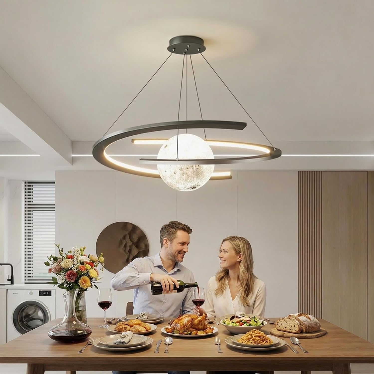 Led Chandelier Lighting Modern App Controlled,Dimmable Moon Pendant Light with Remote,Moon Creative Lamp Timable,Adjustable Ceiling Light for Living Room Bedroom Kitchen Island image number 6