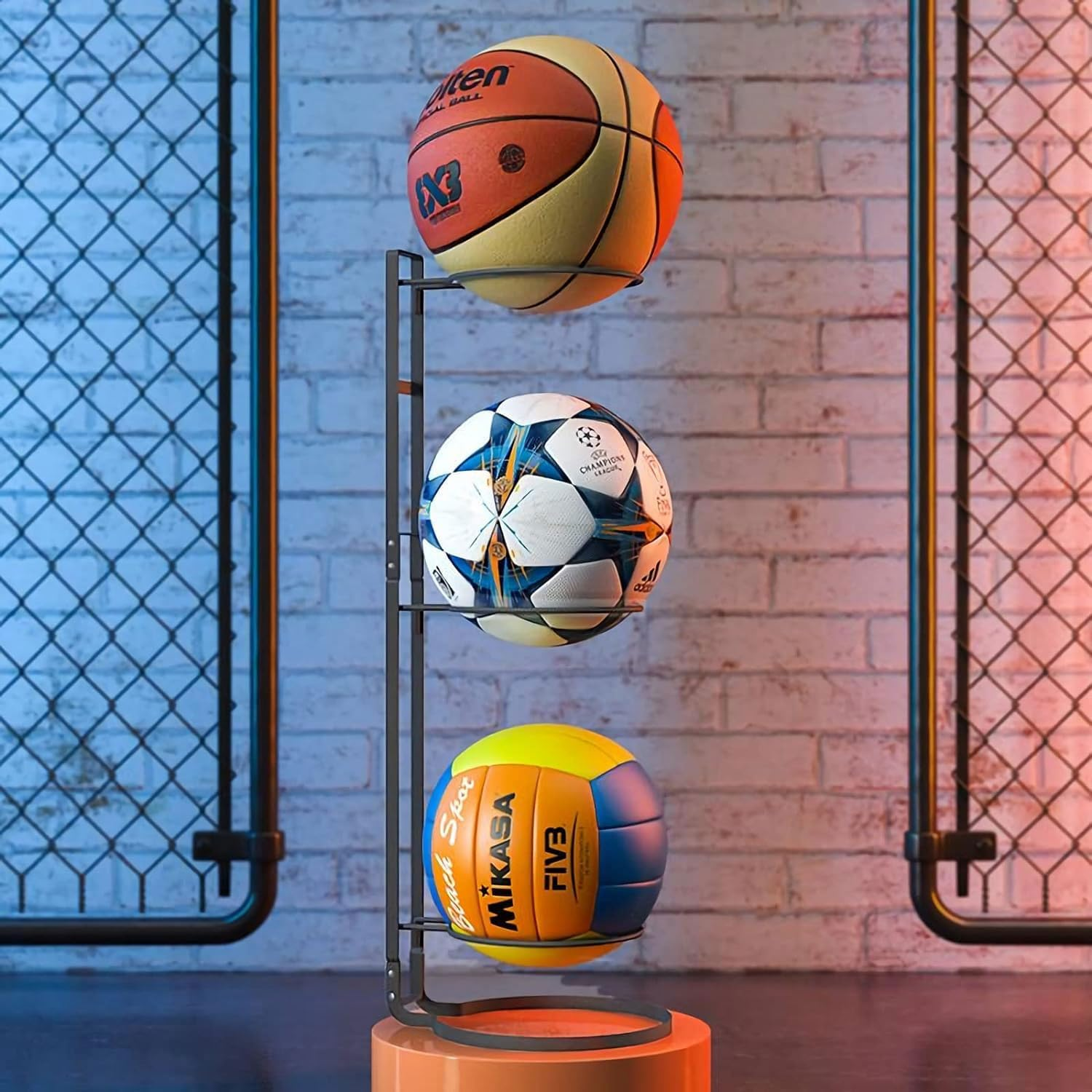3-Tier Basketball Ball Storage Rack Holder, Ball Storage, Freestanding Garage Sports Equipment Organizer. Ball Storage Rack, inside Movable Vertical Display for Volleyball, Soccer and Basketball image number 3