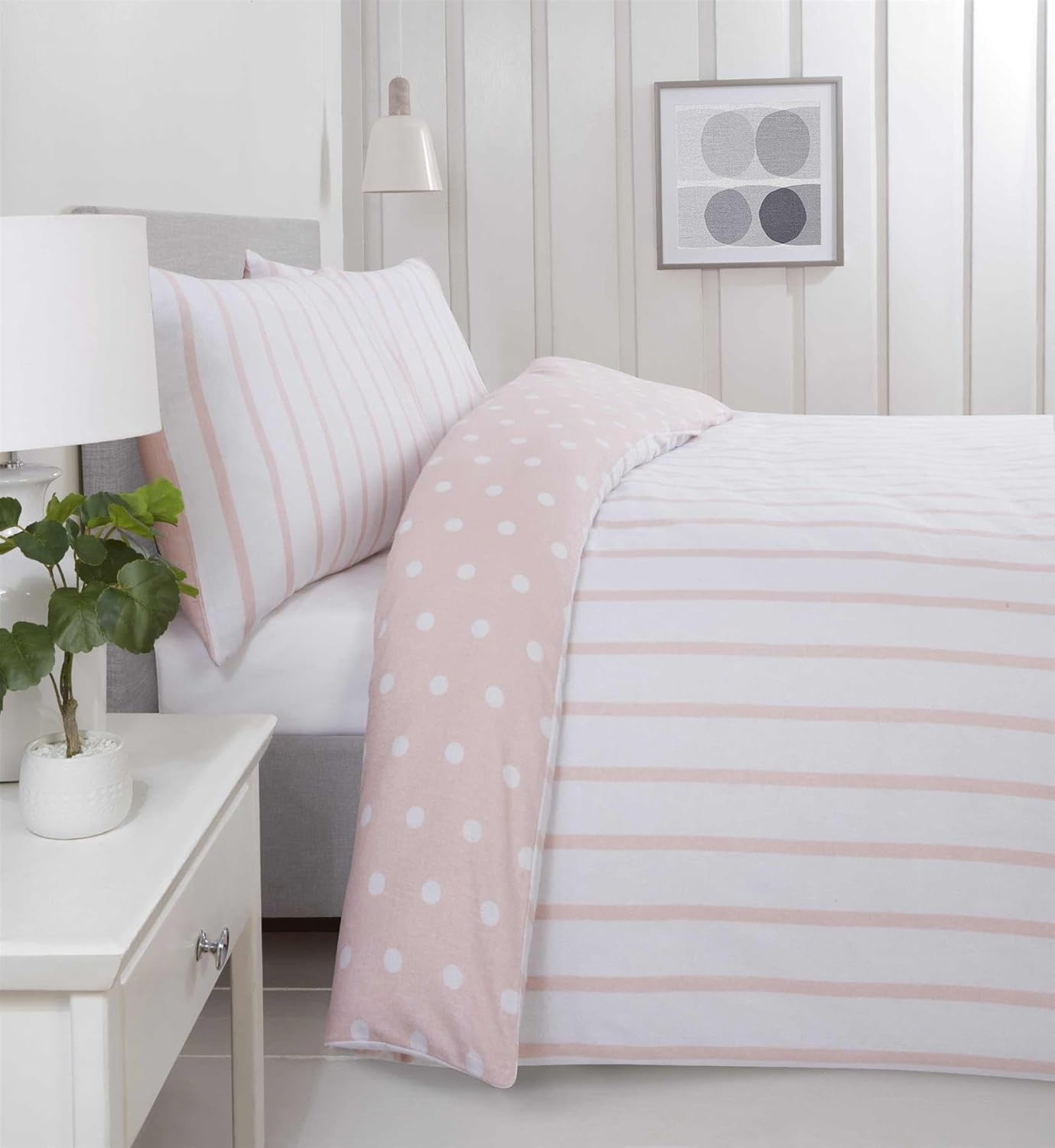 Rapport Home 180 Threadcount Spots & Stripes Brushed Microfibre Duvet Cover Set King Blush, Pink
