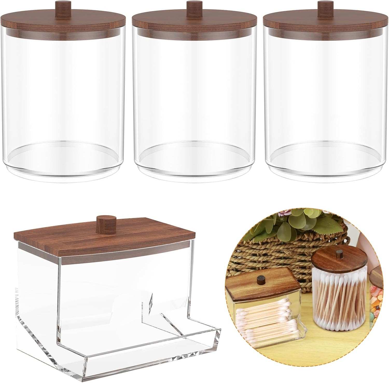 ZFLYCANP Holder Dispenser for Cotton Ball Small Clear Plastic Canister Apothecary Jar Set Cotton Swab Cotton round Pads Apothecary Jar Organizer for Storage Wood Lids image number 6
