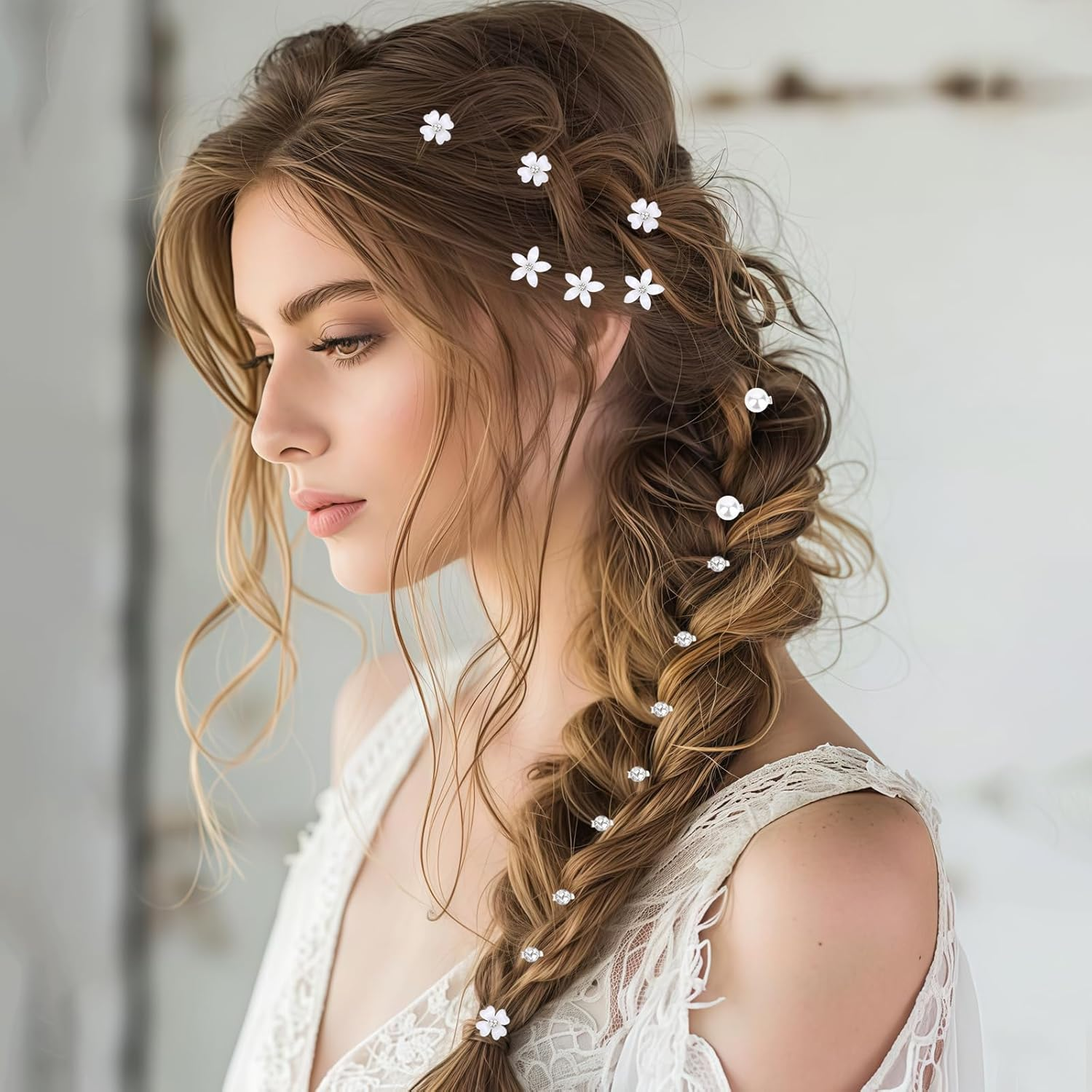 Pack of 20 Mini Flower Hair Clips with Rhinestones, Mini Hair Accessories Wedding, Flowers Hair Clip Small, Bridal Hair Clips Flowers, Small Mini Hair Clips Flowers White for Girls and Women image number 3