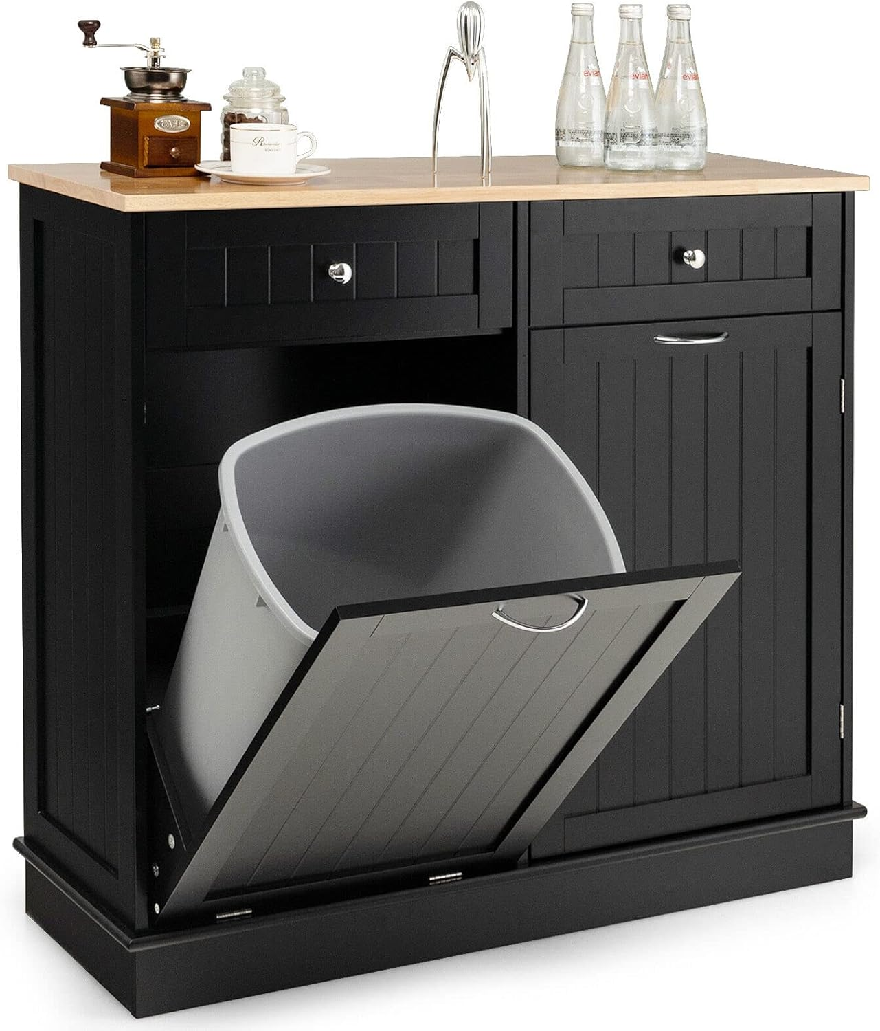 Giantex Kitchen Trash Cabinet, 40 L Tilt Out Trash Bin Cabinet with Single Trash Can Holder, Rubber Wood Countertop, Drawers, Adjustable Shelf, Freestanding Recycling Cabinet, Kitchen Island (White)