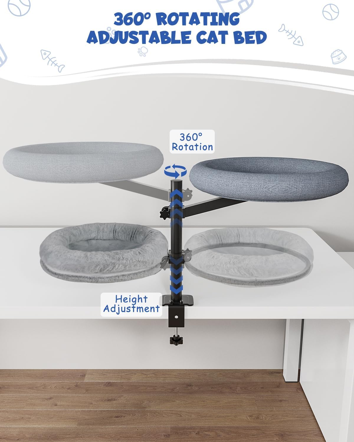 Double Cat Desk Bed, 360&deg; Rotating Elevated Desk Cat Bed, Adjustable Raised Desk Kitten Bed up to 80 LBS, Washable Soft Fabric Pet Desks Nest Beds, Cat Hammock Wall Mounted for Office and Game Tables image number 6