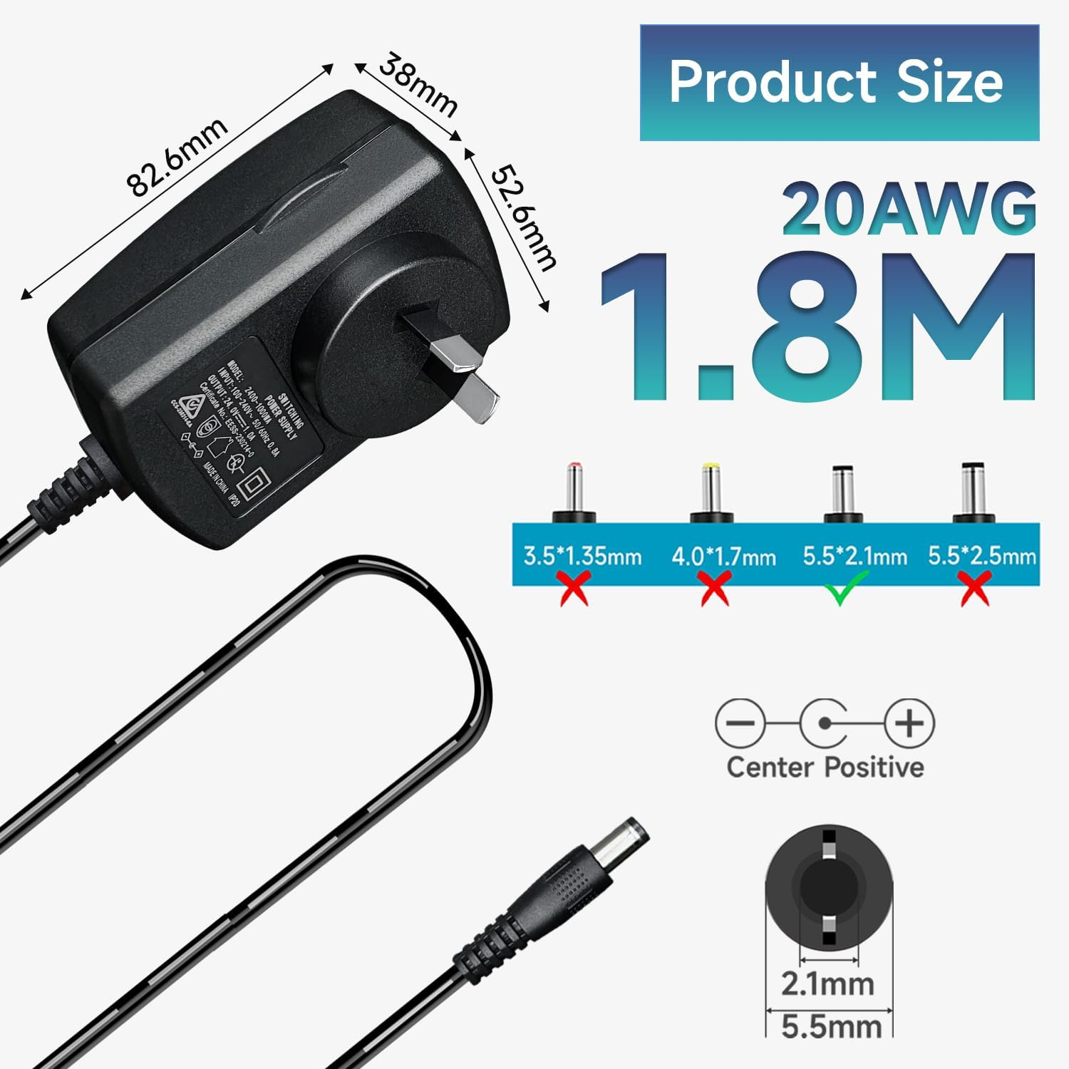24V 1A 24W 1.8M Long Power Supply Adapter, AC DC Switching Adapter (Input 100-240V, Output 24Volt 1Amp 1000Ma), DC 24V 5.5X2.1Mm Wall Mount Transformer Charger Plug, SAA Certified - 24V1A+8Tips image number 4
