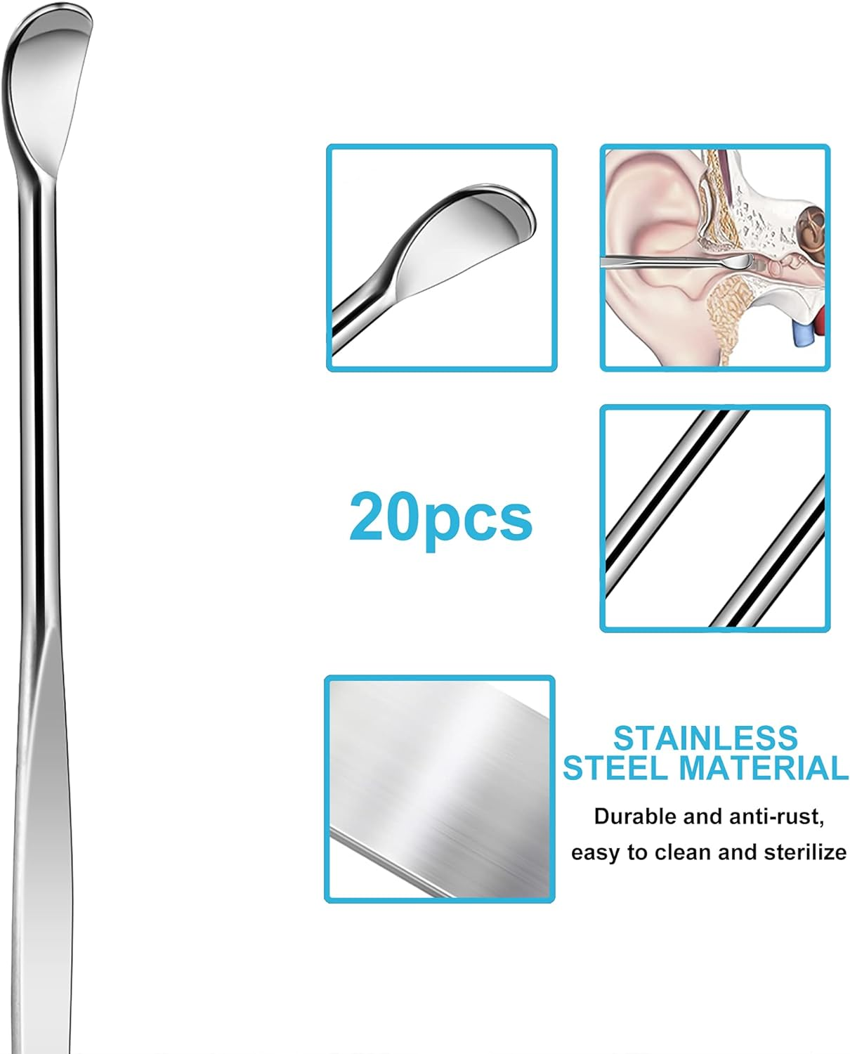 10Pcs Sliver Metal Ear Spoon Earwax Curette Remover Earpick Tool Hanging Clean Tool for Ear Key Hanging Key Pendant for Adult Children image number 2