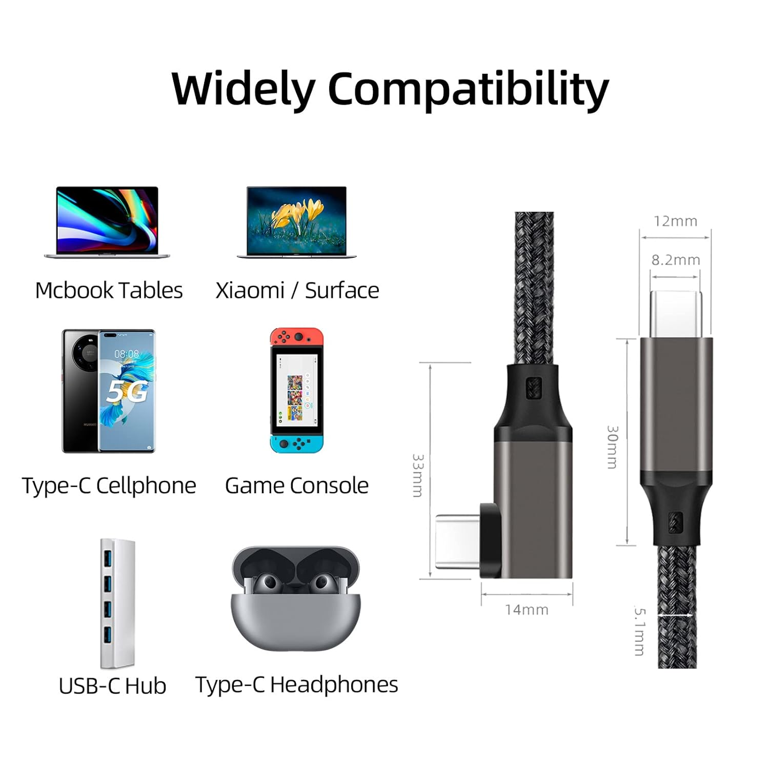 USB C to USB C 3.2 Gen1 5Gbps PD 60W Cable [17Ft Nylon Braided L-Shape], Sisyphy 4K@60Hz Monitor Video Cable Compatible with Surface, Macbook Pro/Air, Ipad Pro, Pixel and More Type-C Devices image number 4