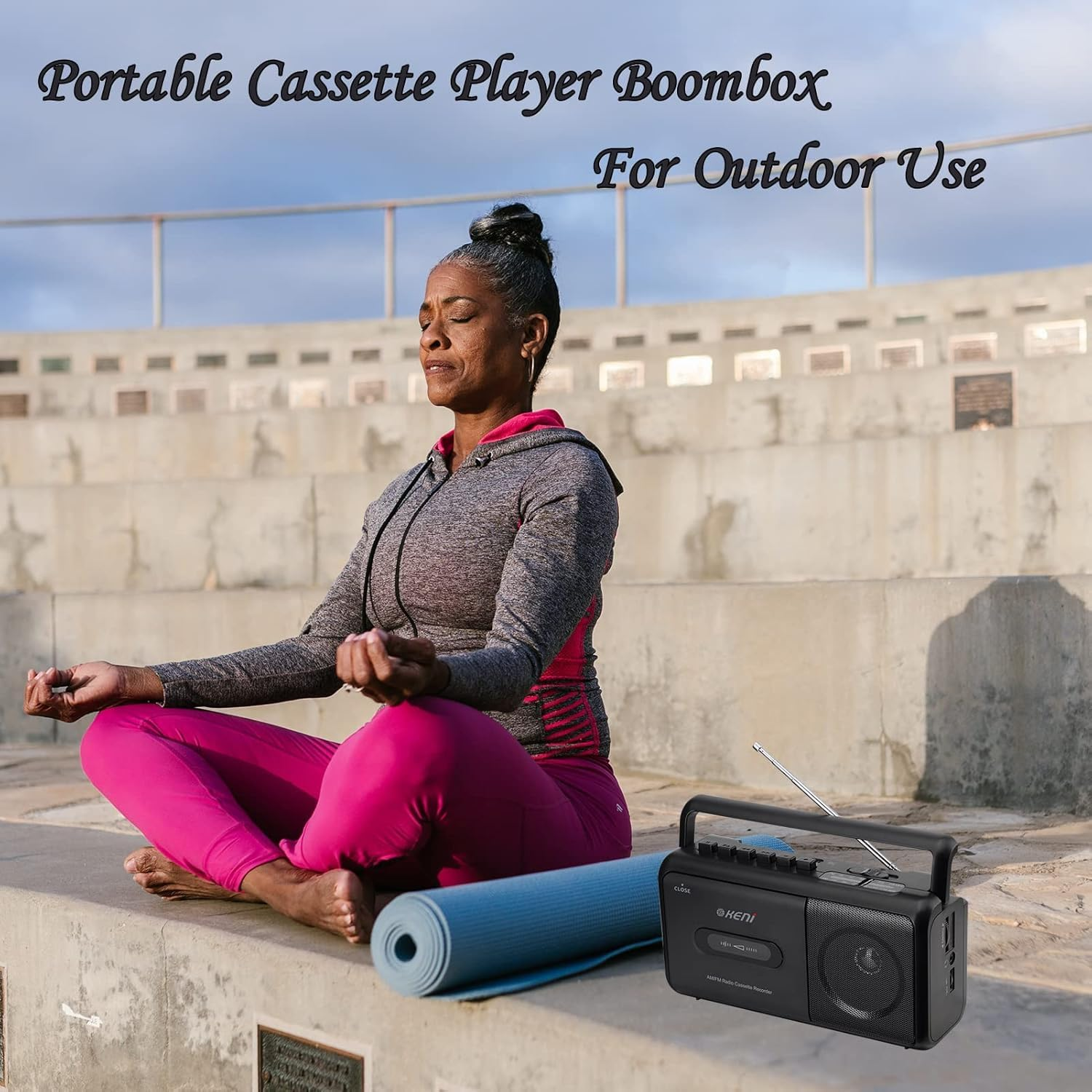 G Keni Portable Cassette Player Boombox with AM/FM Radio Stereo, Cassette Recorder, Headphone Jack, Battery or Mains Power, Black, Stereo Output, Auxiliary Connectivity image number 2