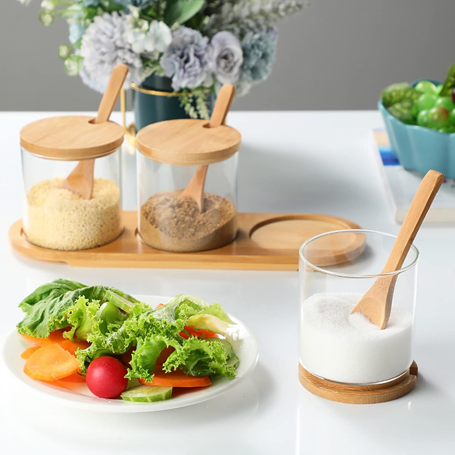 Incifuerza 3 Pack Rustic Condiment Jars with Rack, Glass Seasoning Box with Bamboo Lid, Seasoning Canister Set with Wooden Spoon and Bamboo Base image number 6