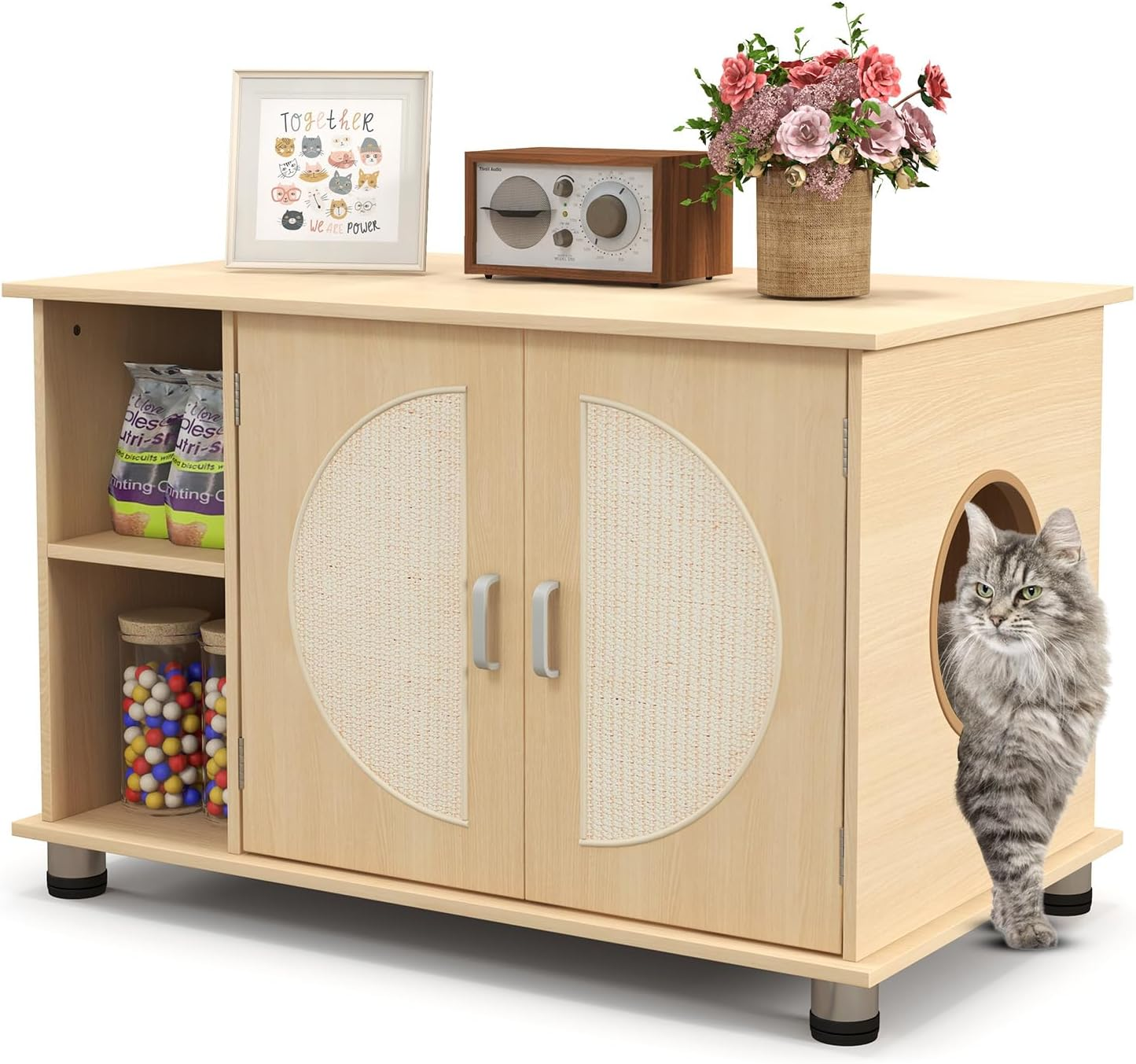 Costway Cat Litter Box Enclosure with Sisal Scratching Doors, Adjustable Metal Feet, Hidden Washroom with Storage, Indoor Cabinet End Side Table, Wooden House Furniture for Kitten & Adult image number 4