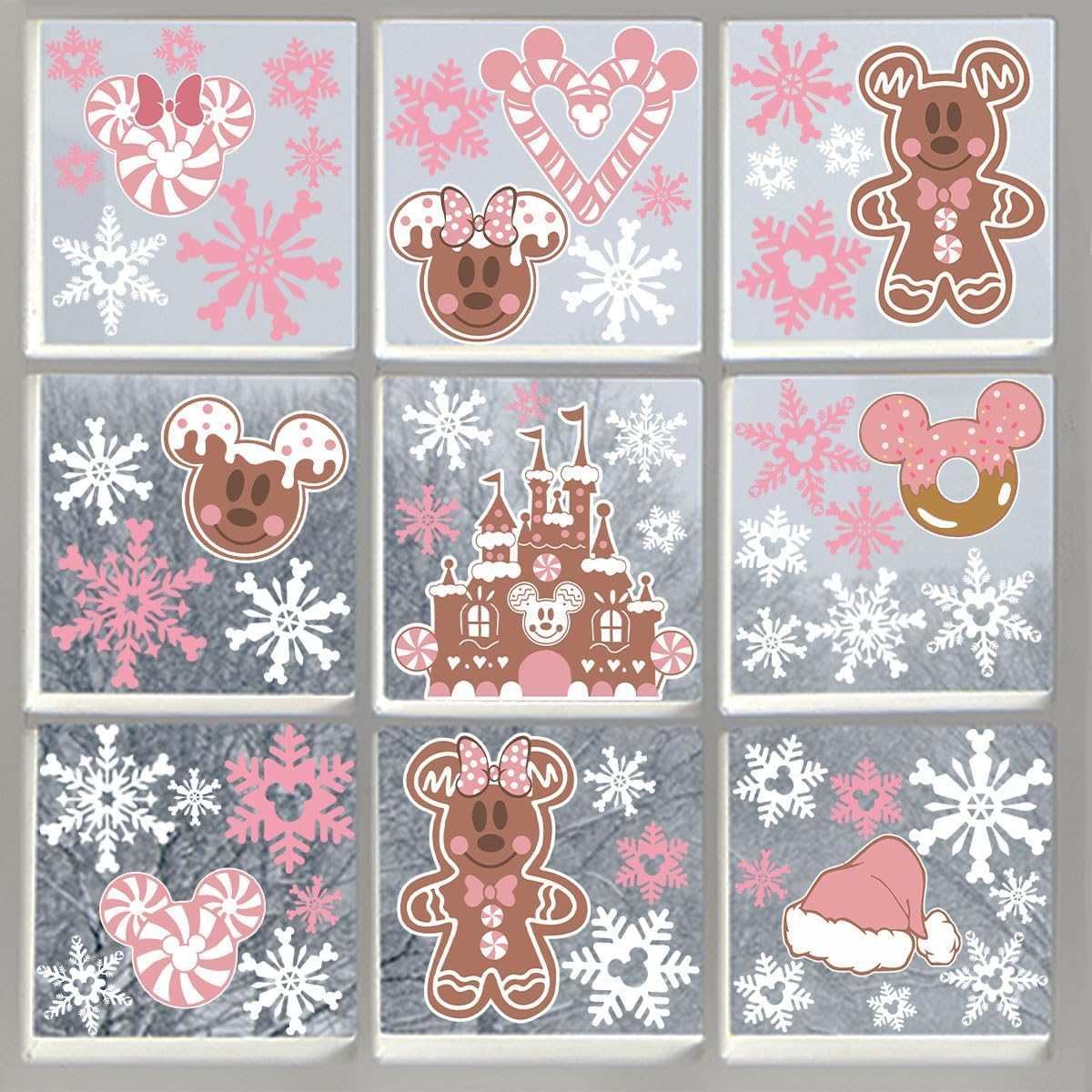 9Sheets Christmas Window Clings Gingerbread Christmas Party Decorations Ginger Bread Man Mouse Castle Snowflake New Year Winter Decor Merry Christmas Decals for Office Home Hotel Decorations