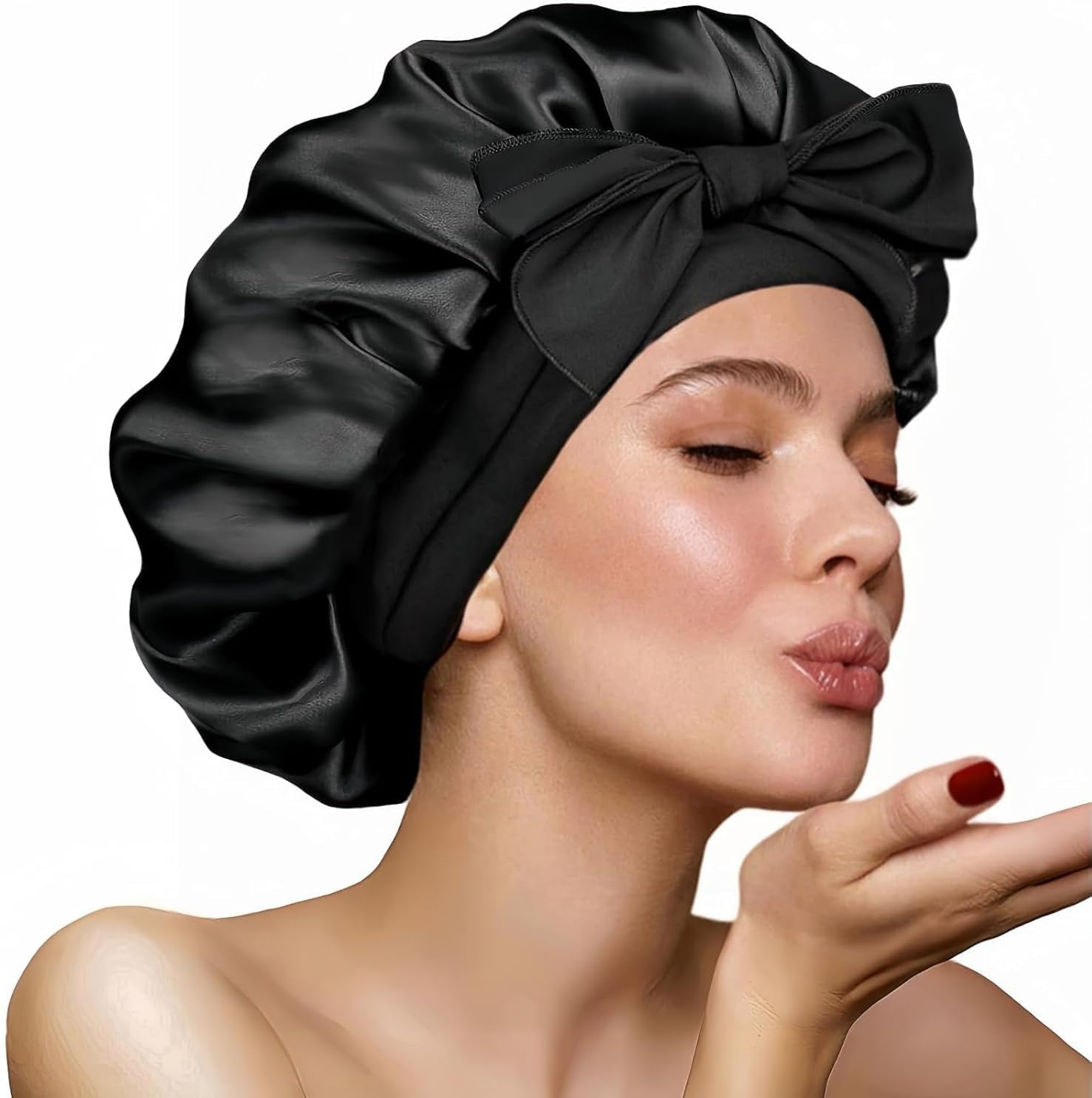 FOLAI Sleep Cap, Satin Bonnet, Silk Hood for Sleeping, Night Sleep Hat, Adjustable Sleep Cap, Headgear, Soft Headband, Sleep Cap, Silk with Elastic Band for Women and Girls (Black), Black, 58 image number 1