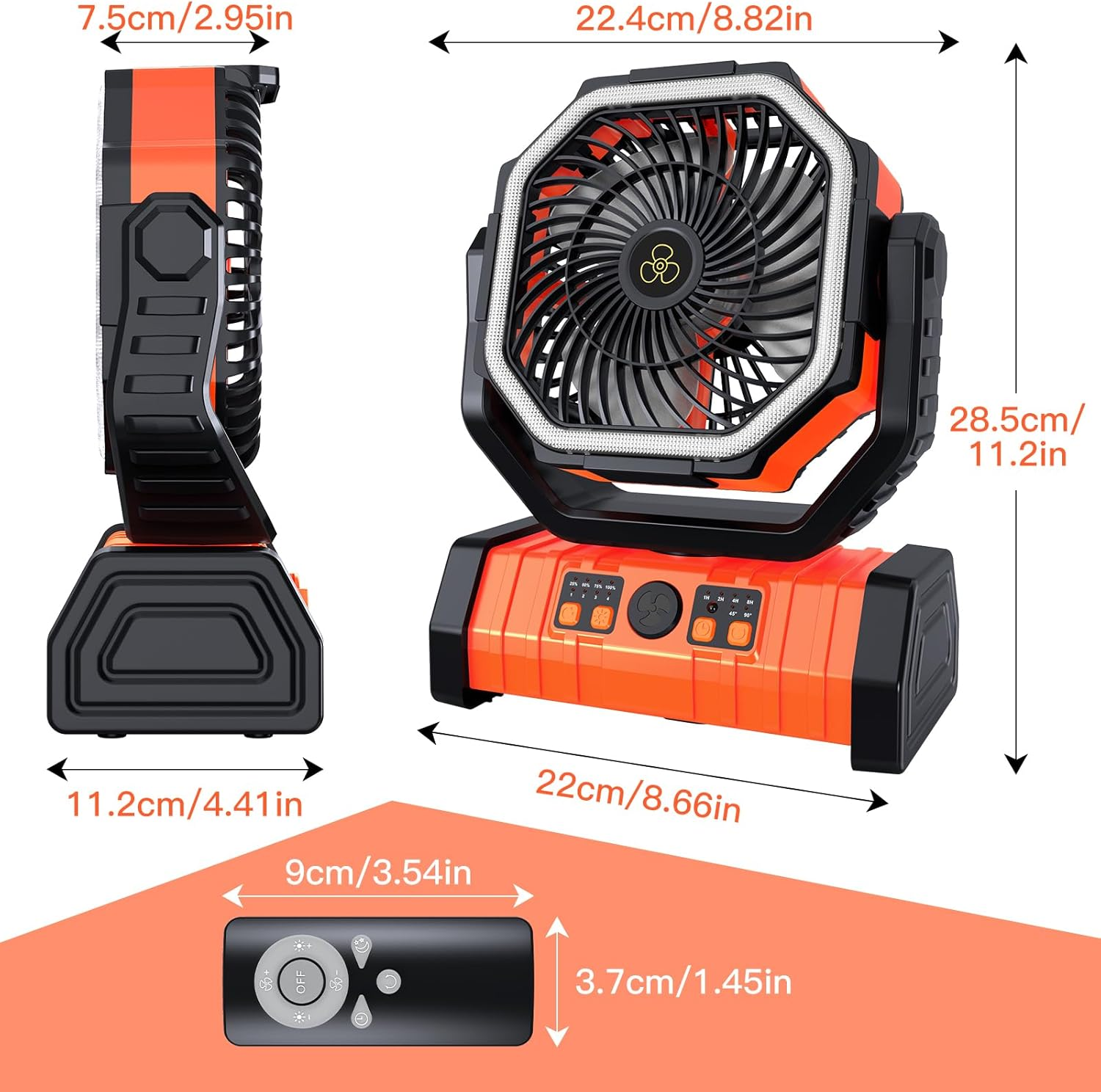 Portable Camping Fan, Spopal 20000Mah Rechargeable Tent Fan with LED Lantern, 4 Speeds and 360&deg; Hook, Remote, Timer, 145H Runtime, Power Bank Function, for Camping, Fishing, Indoor Use-Orange image number 1