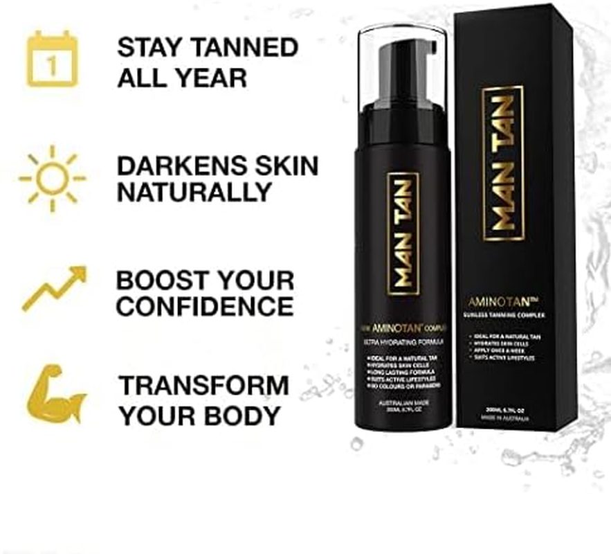 MAN TAN - Sunless Tanner Starter Pack for Men | AMINOTAN Best Clear Self Tan Mousse for Men Works with Hair + Sweat Proof (Mitt & Bottle) - 200Ml