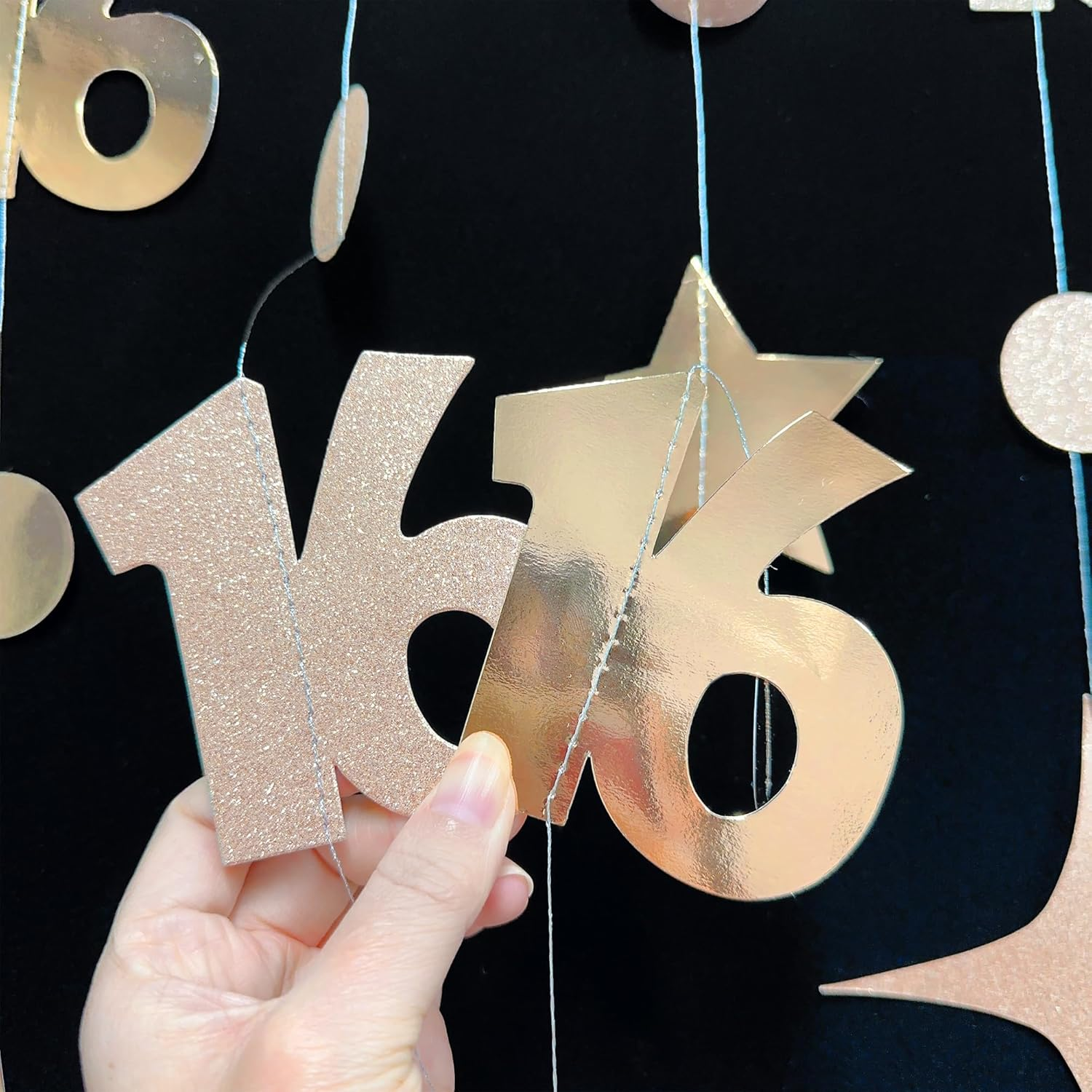 Champagne Gold 16Th Circle Dot Star Garland Streamer Champagne Gold Metallic Glitter Paper Number 16 Hanging Banner for Sweet 16 Years Old Sixteen Birthday 16Th Anniversary Party Decorations Supplies image number 4