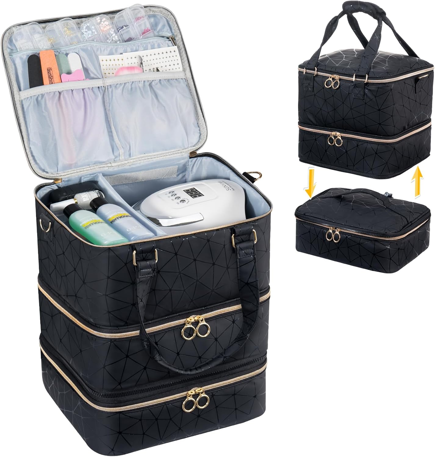 Uross Nail Polish Organizer Bag Holds 30 Bottles Polish & Kit -Nail Polish Storage Organizer Nail Lamp Case Supplies Organizer Case for Nail Tech Big - Black