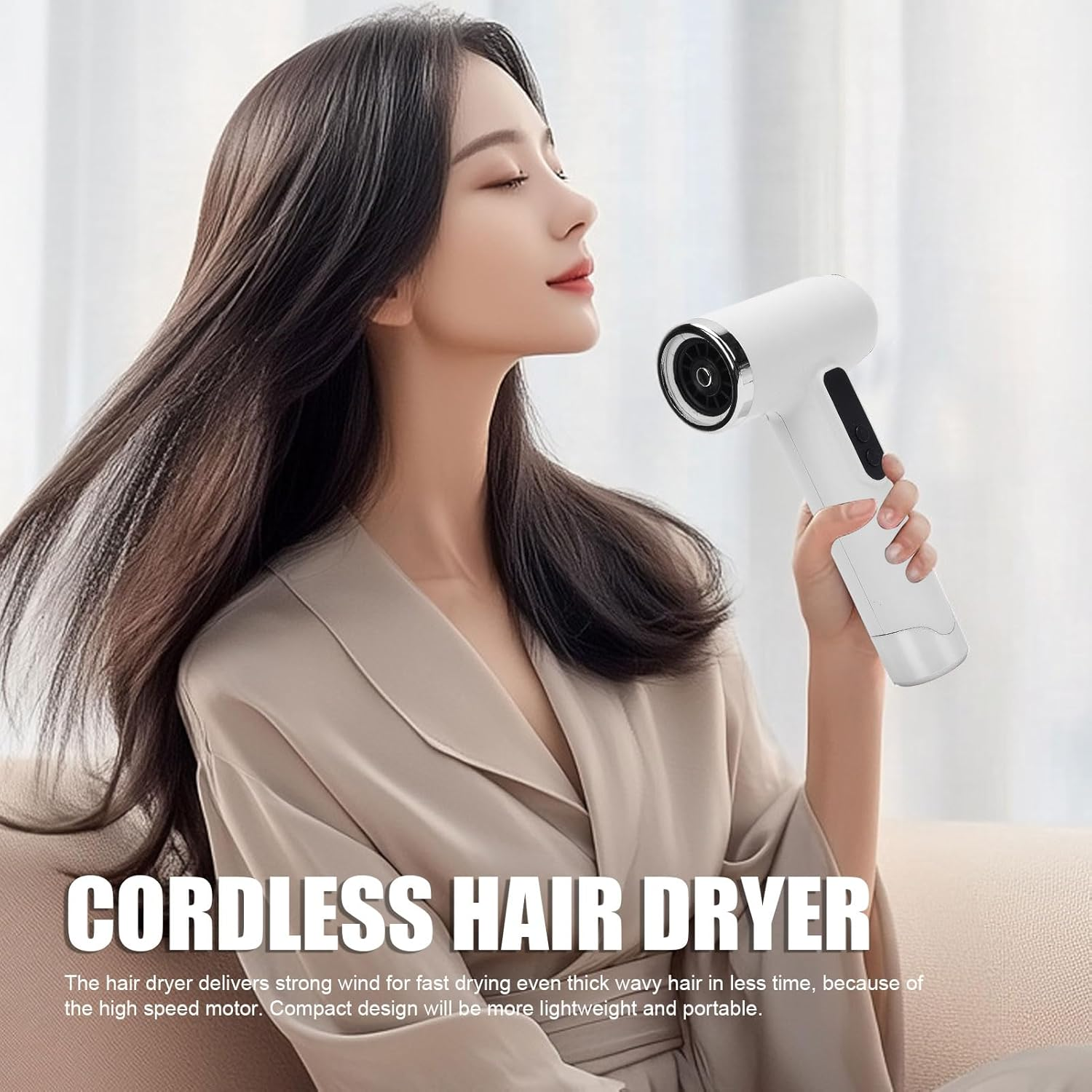 Cordless Hair Dryer, 200W 100000Rpm High Speed Blow Dryer with Nozzle, USB Rechargeable Cordless Travel Hair Dryer for Women Kids Outdoor Camping Beach (White) image number 5