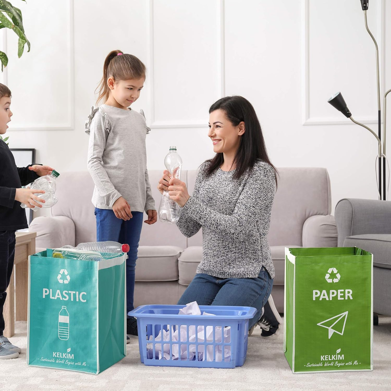 KELKIM Recycling Bin Bags & Donation Bag for Home Kitchen Office/Portable Indoor Recycle Waste Organizer/Waterproof Garbage Containers/Separate Recyclable Trash Sorting Bin/Big Size 5 Bags Set image number 1