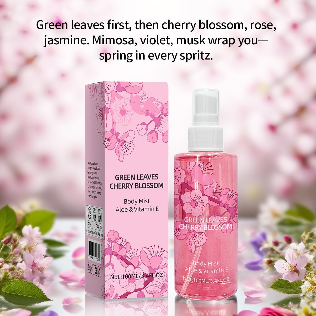 Green Leaves & Cherry Blossom Eau De Parfum 3.40 Ounce /100Ml | Alcohol-Free Floral Perfume Spray for Women | Refreshing Spring Scent with Aloe | Long Lasting Fragrance image number 4