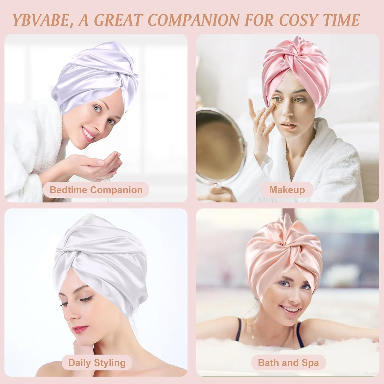 YBVABE Satin Bonnet and Scrunchies Set - Multipurpose Hair Cap and Shower Cap - 6Pack Silk Satin Accessories for Hair Protection and Style Preservation - Haircare Accessories for Women (Rose Gold & Purple) - Rose Gold  Black image number 7