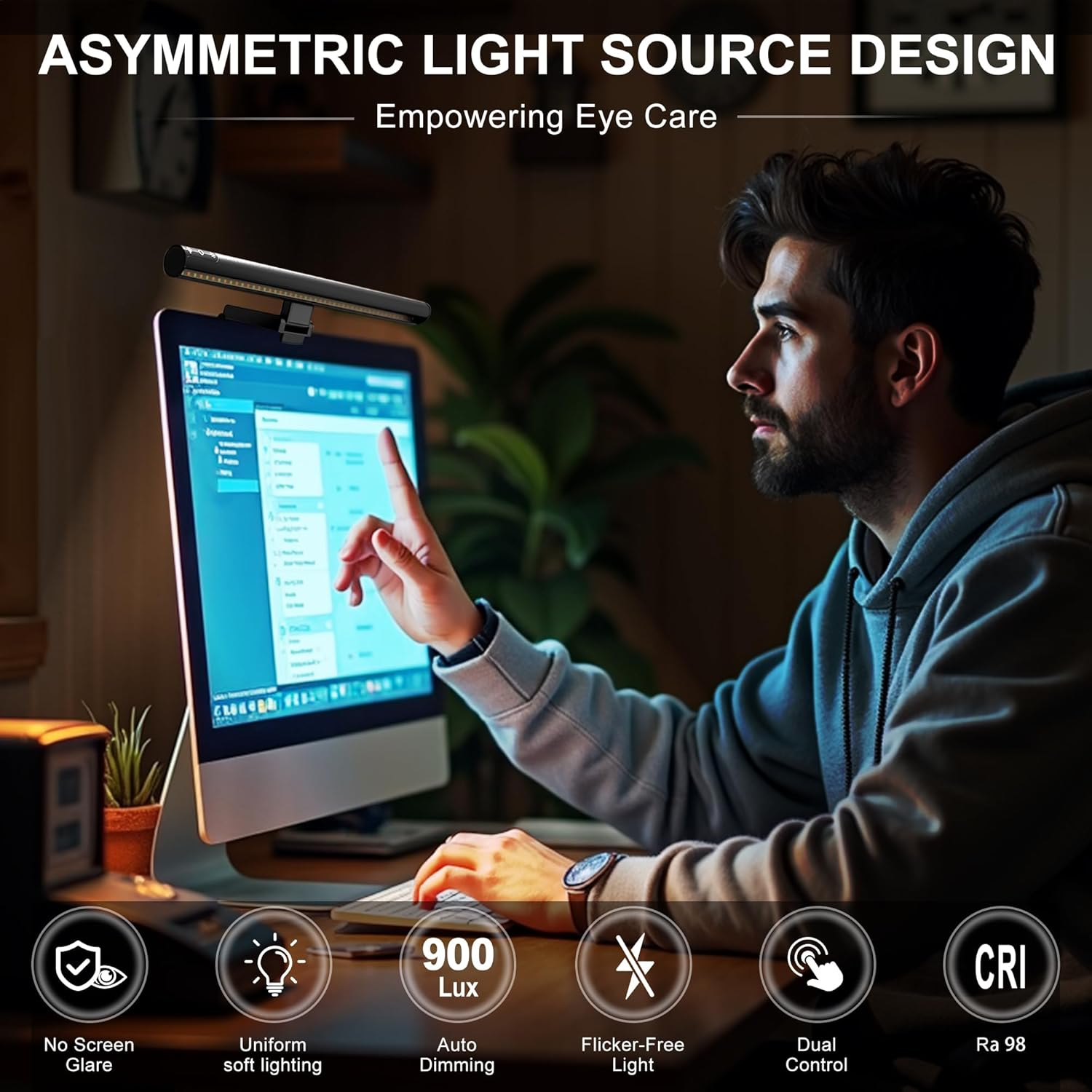 SNSUTY Monitor Light Bar, 42CM Dimmable Lighting Monitor Lamp Type-C Link Adjustable Stepless Dimming Screen Light Bar, Eye Caring No Glare Gaming Work Desk Lamp(Black)