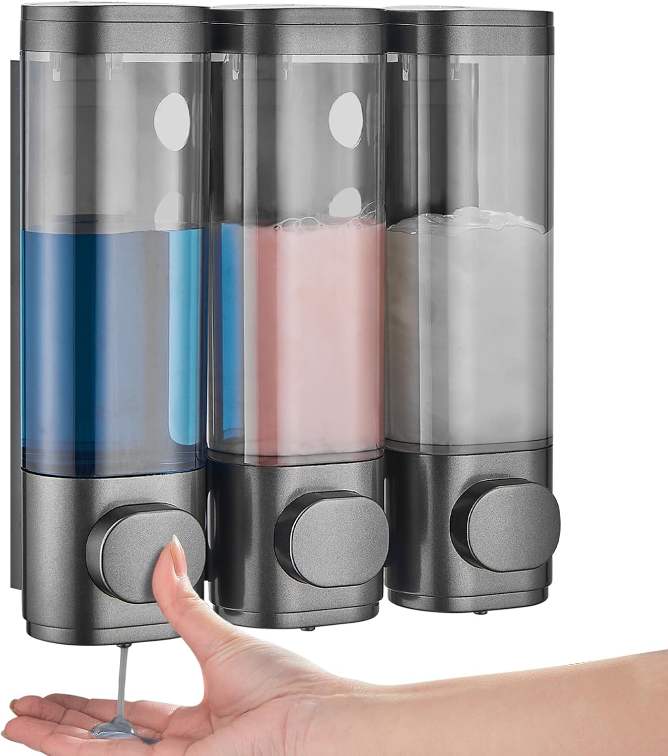 Shampoo and Conditioner Dispenser 2 Chamber No Drill, Shower Soap Pump Dispenser Wall Mounted, Body Wash Dispenser for Shower, Shower Gel Dispenser Shampoo Holder for Bathroom Accessories, Gungrey