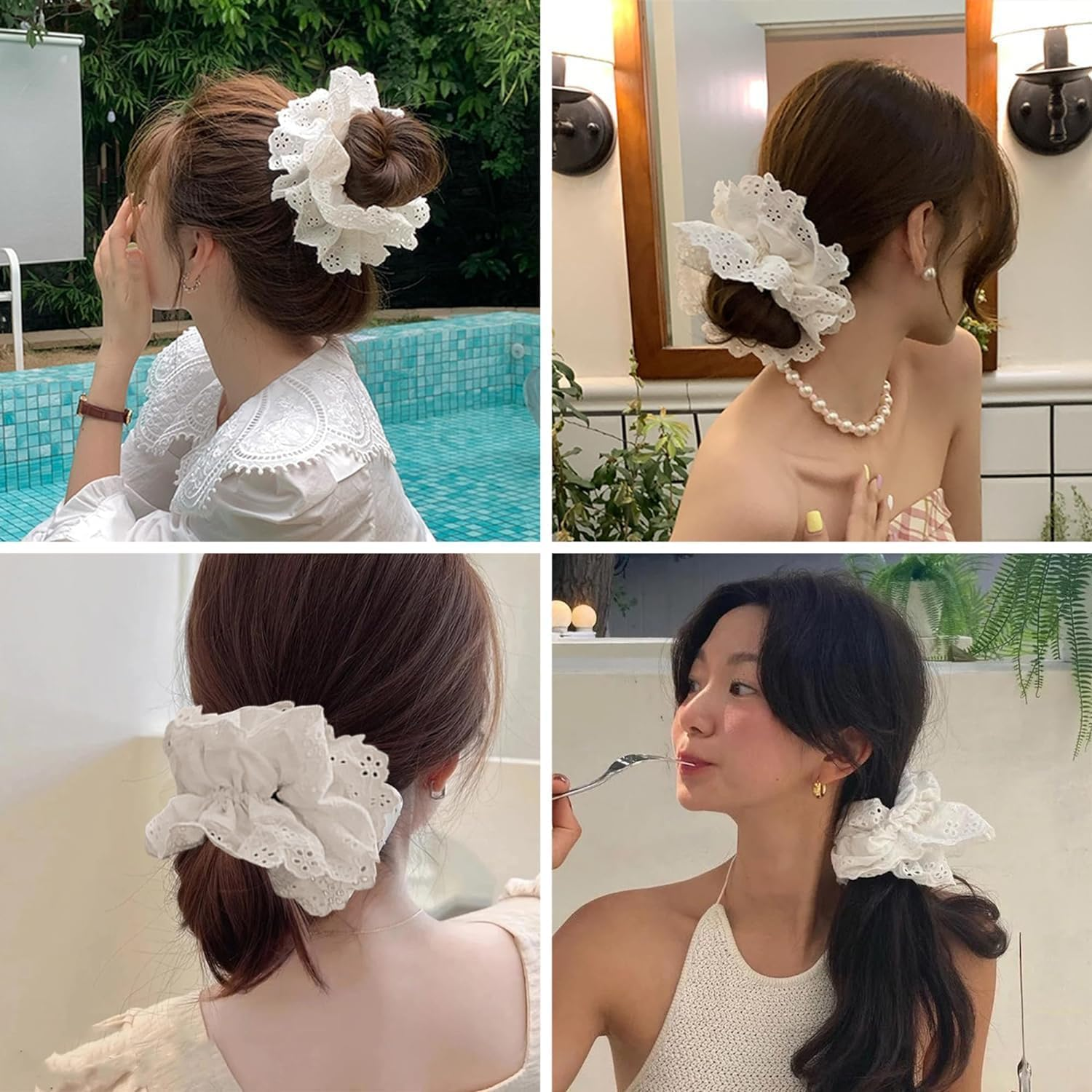 Large Lace Hair Scrunchies, 2Pcs White Lace Scrunchies Large Hair Scrunchies, Lace Double Layer Fancy Satin Hair Scrunchies image number 2