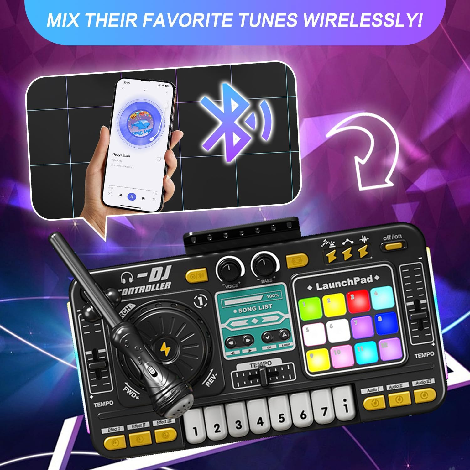 DJ Toy Set for Kids, Toddler Musical DJ Mixer with Lights, Sounds & Bluetooth, Multi-Functional Musical Instrument for Ages 4+ image number 2