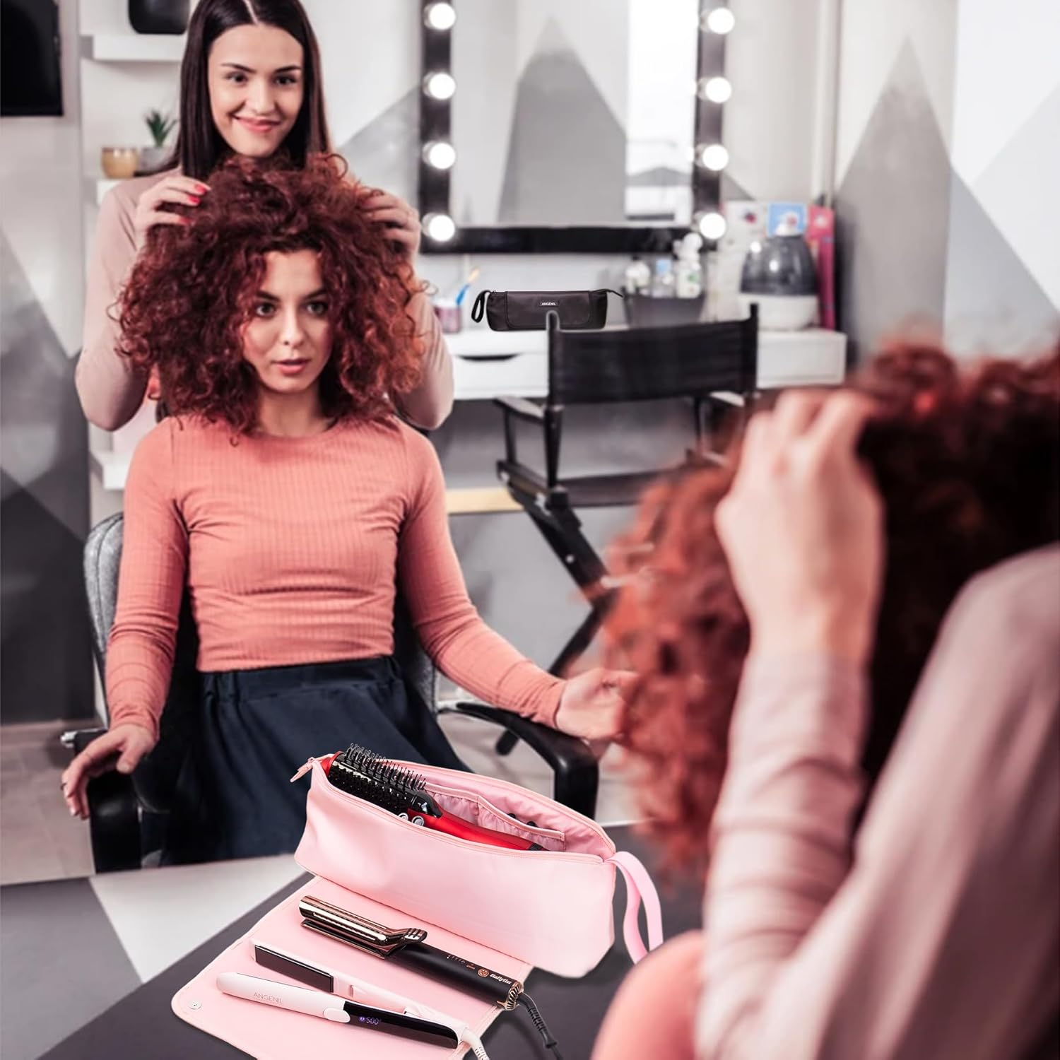 ANGENIL Hair Straighteners Curls Heat Resistant Pad and Curling Iron Set Hair Tools Travel Bag 2 in 1 for Hair Straighteners, Hair Styling Tools, Hair Dryer, Hair Tools Heat Resistant Bag Large - Pale Pink image number 6