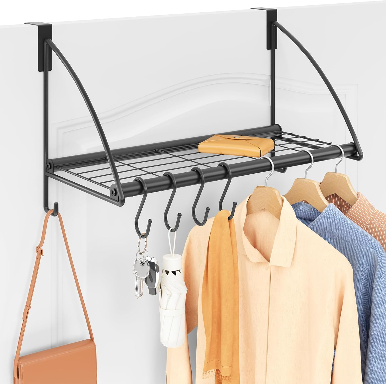 Tajsoon over the Door Hanger with Storage Rack and 6 Hooks, over the Door Clothes Racks for Hanging Towel & Coat, Door Rack Hanger for Bathroom, Bedroom, Living Room, Black image number 3