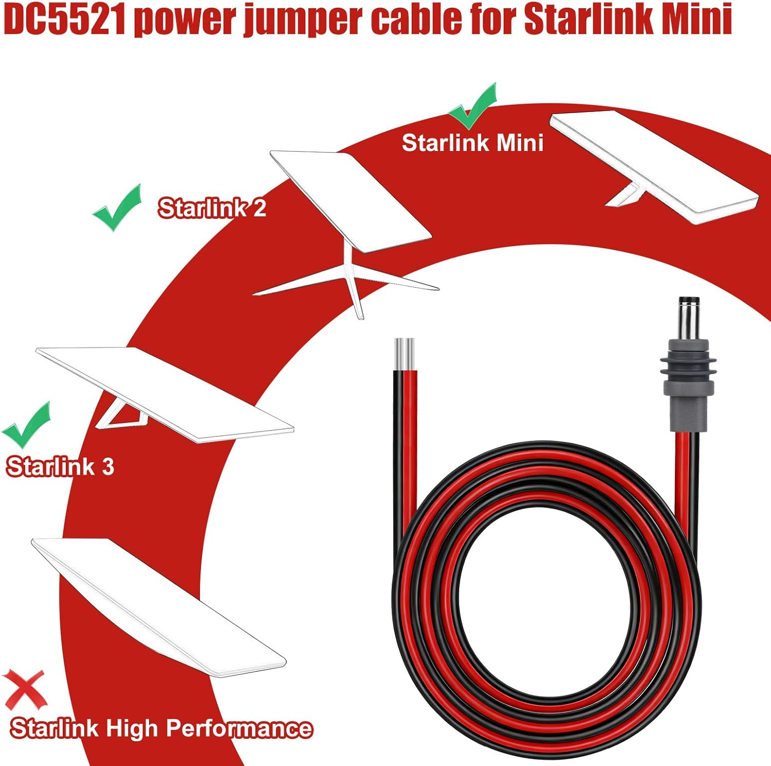 DC5521 DC Power Cable for Starlink Mini, 14AWG 5.5X2.1Mm Male Plug to Bare Wire Pigtails 3.28Ft Extension Cord for Starlink Mini Accessories DIY Replacement