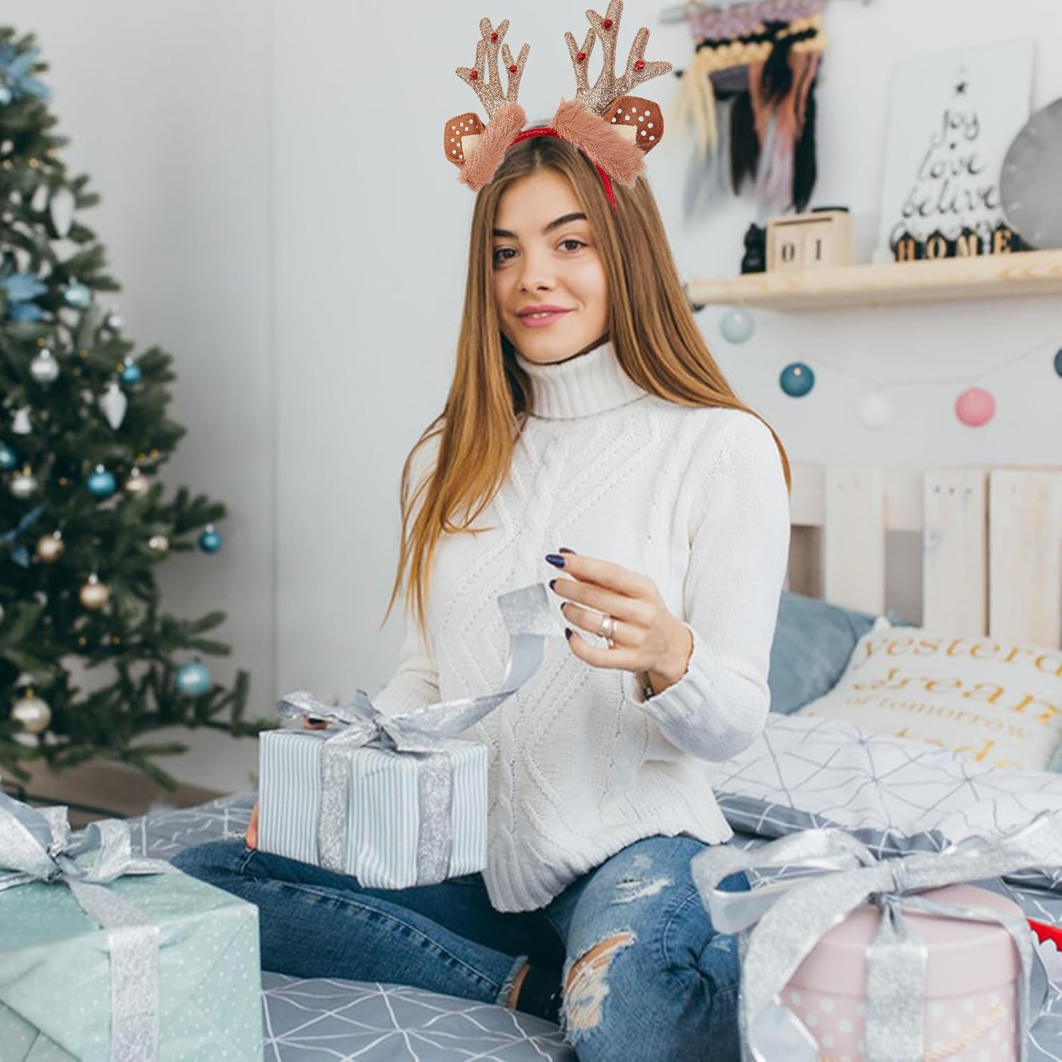 NICENEEDED Reindeer Antlers Headband Cute Plush Christmas Headband with Deer Antlers Halloween Party Cosplay Costume Decorations for Adults image number 4