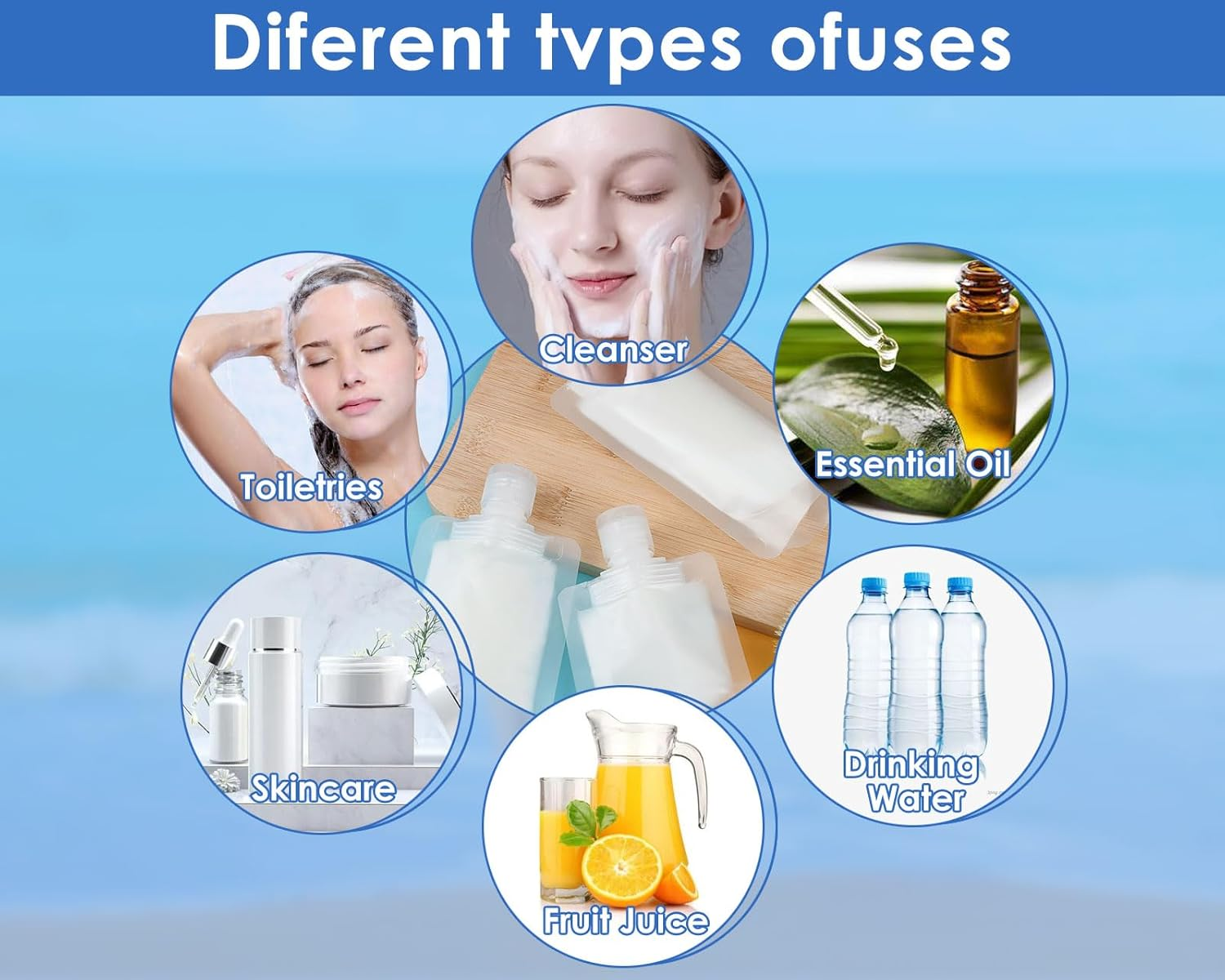 DS. DISTINCTIVE STYLE Travel Pouches for Toiletries Set of 15 Pieces - 30 Ml/50 Ml/100 Ml Portable Travel Liquid Pouch Squeeze Refillable Travel Containers for Conditioner, Lotion and Soap Liquids