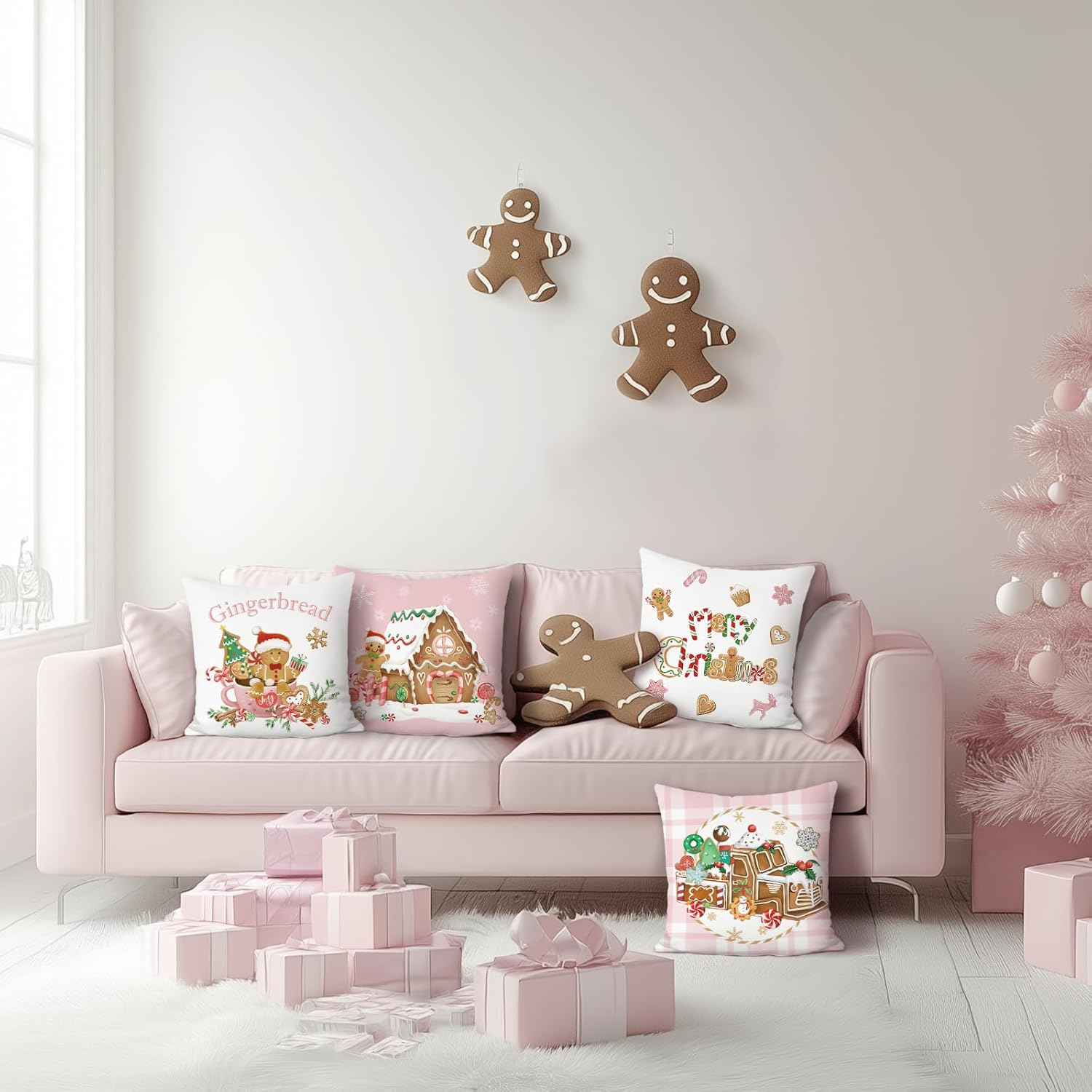 Bonhause Christmas Gingerbread Cushion Covers 45 X 45 Cm Xmas Truck House Hot Cocoa Pink Decorative Throw Pillow Covers for Sofa Bed Home Winter Holiday Decor Set of 4 image number 6