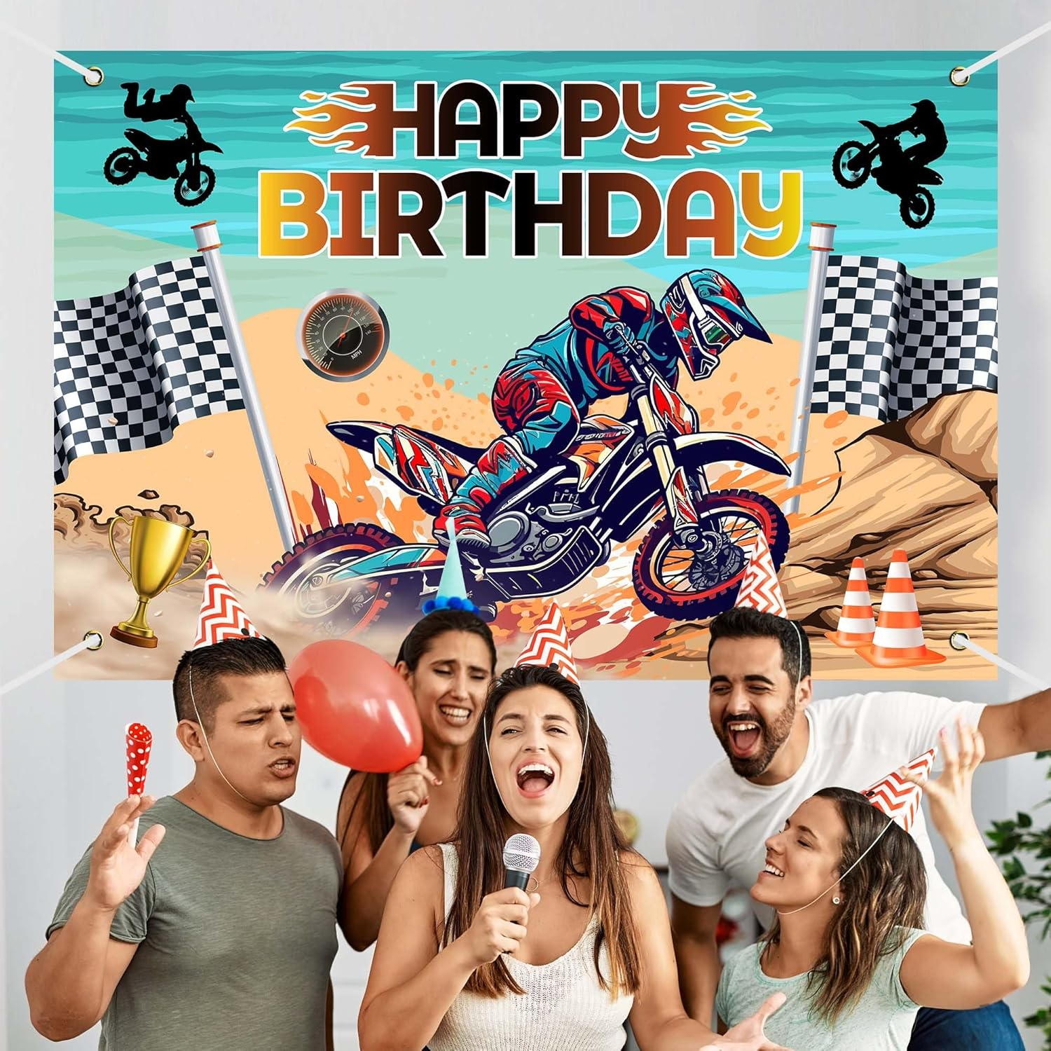 Dirt Bike Happy Birthday Party Banner Backdrop Motocross Racing Competition Checkered Extreme Sports Theme Decor for Riders Boys Girls Birthday Party Favors Decorations Supplies 70.8X47.2In-Beckten