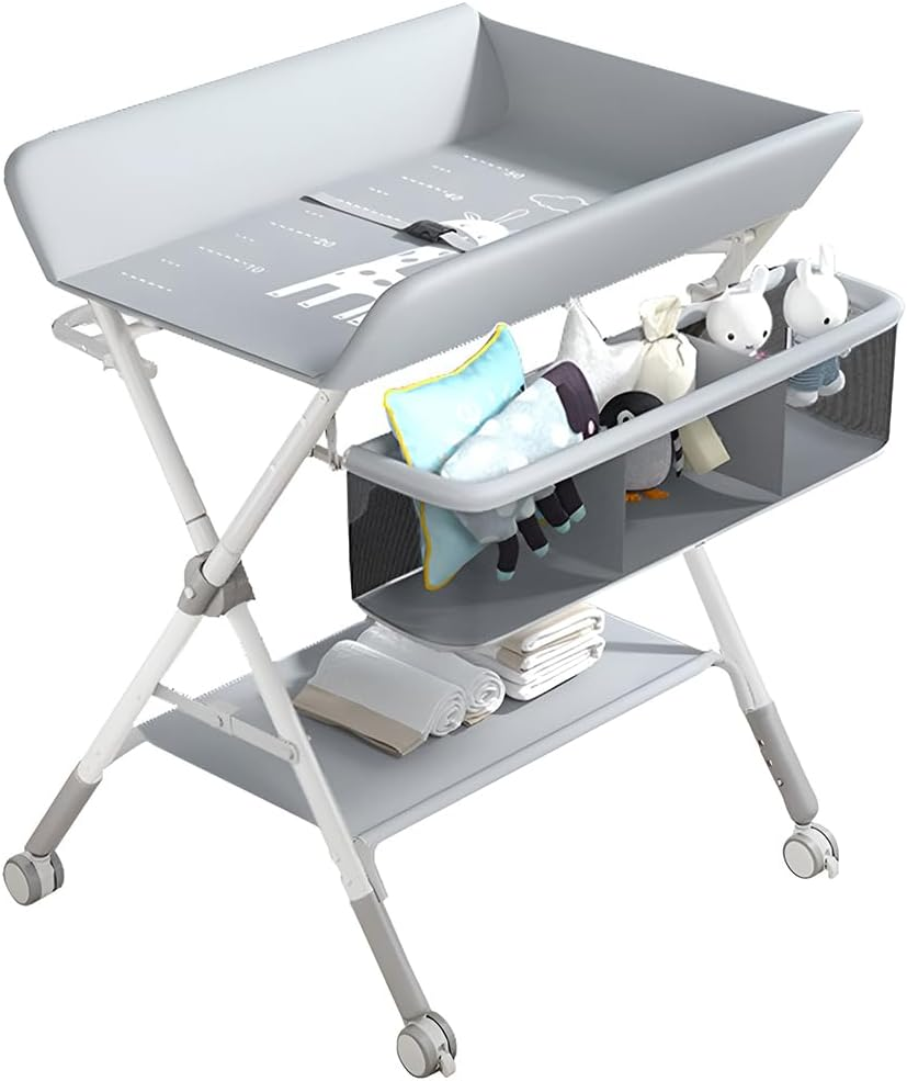 Portable Diaper Changing Table, Foldable Changing Table with Wheels 3-Level Adjustable Height Multifunctional Foldable Bathing Bed Diaper Changing Massage Table W/Storage image number 2