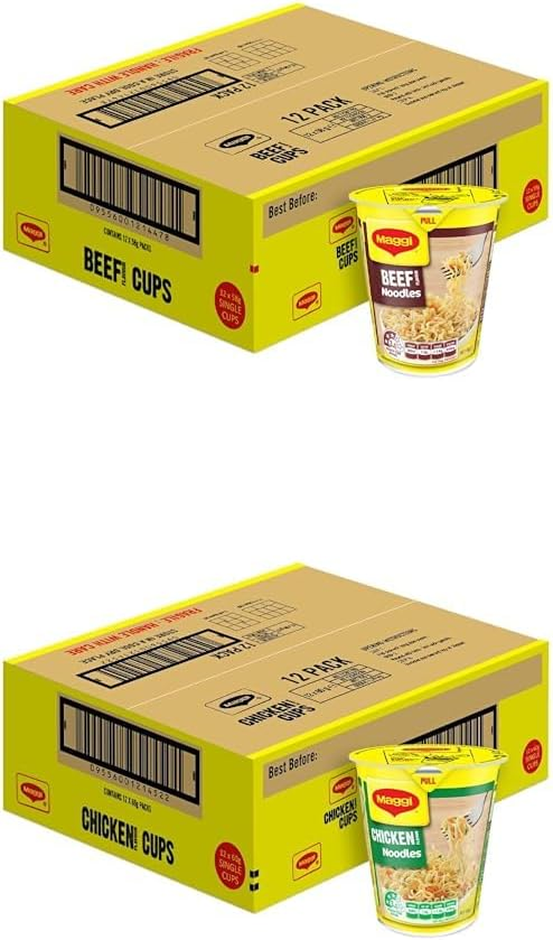 MAGGI Noodle Cups Bundle - 1X Chicken Flavour 12 Pack, 1X Beef Flavour 12 Pack