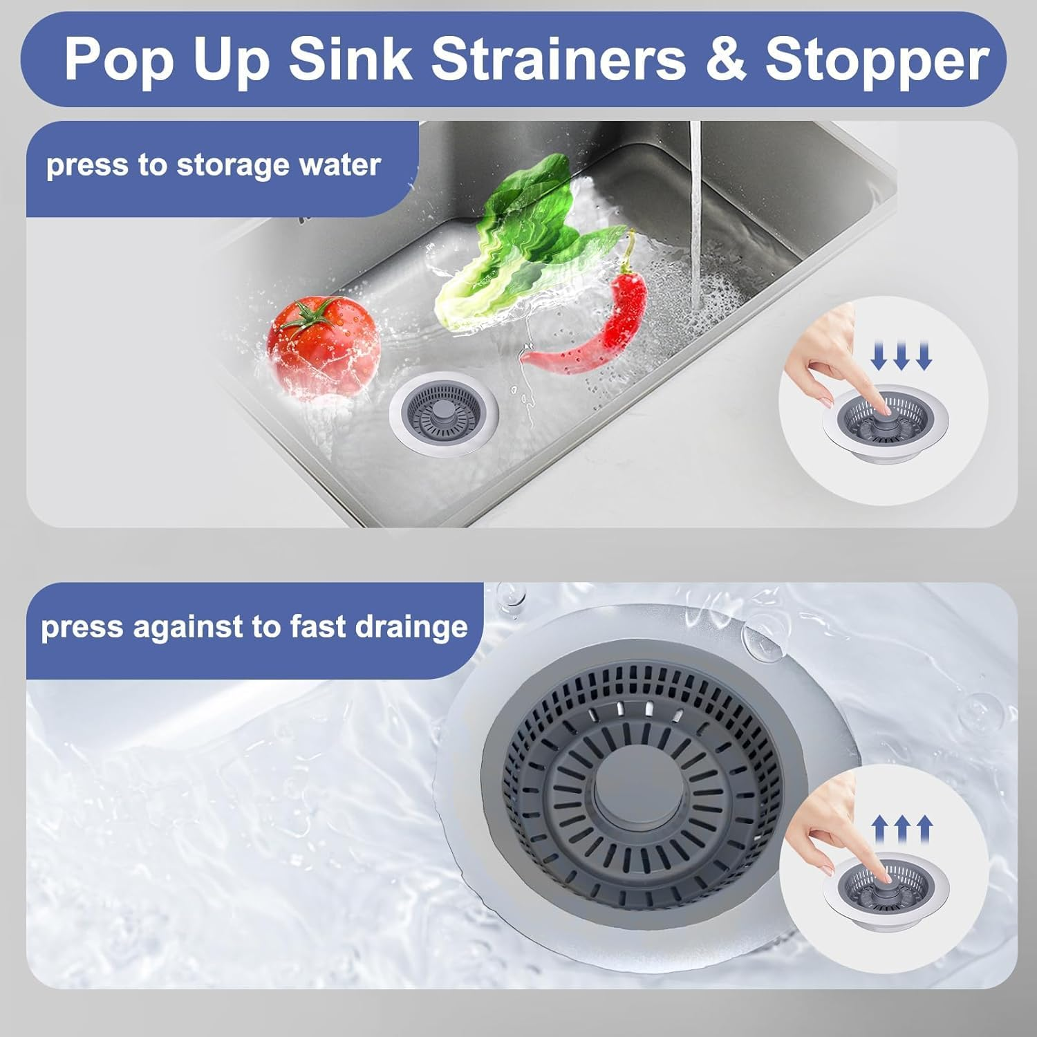 2Pcs 3-In-1 Kitchen Sink Drain Strainer and Stopper Combo - Stainless Steel Pop-Up Sink Stopper with Anti-Clogging Basket - Bounce Core Drain Aid image number 5