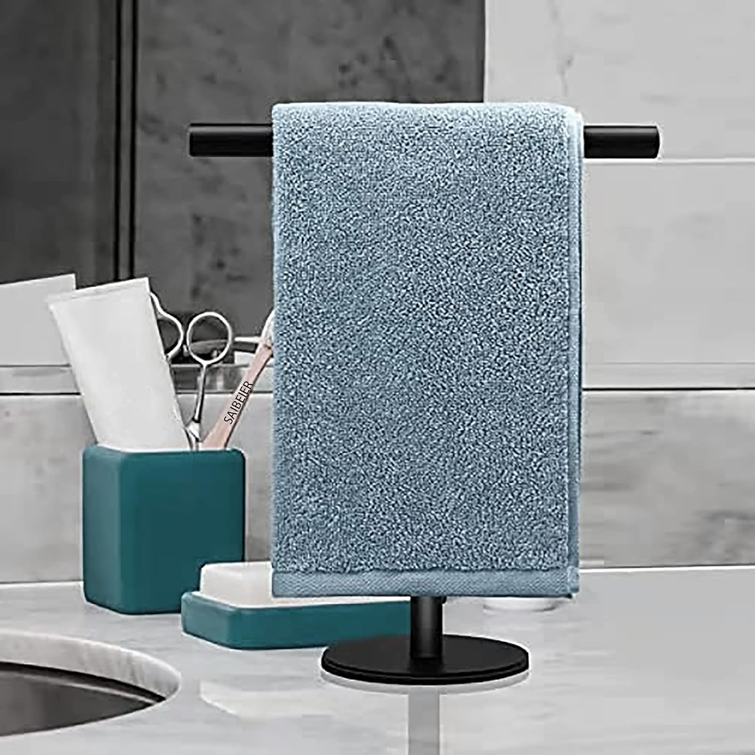 Hand Towel Holder Stand for Bathroom Vanity Countertop Matte Black T-Shape Towel Bar Rack Stand Towel Bar for Bathroom Kitchen image number 5
