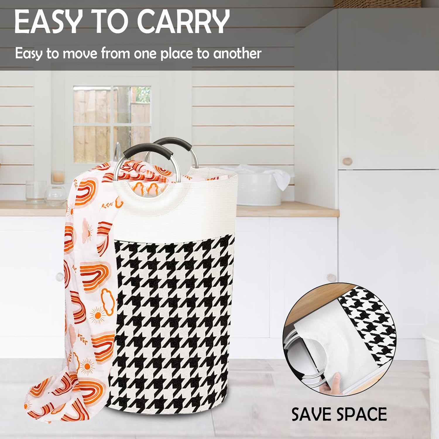 Large Laundry Basket, Collapsible Cotton Linen Hamper with Foam-Protected Aluminum Handles, for Clothes and Toys, Dorm and Home Use (Houndstooth Pattern) image number 3