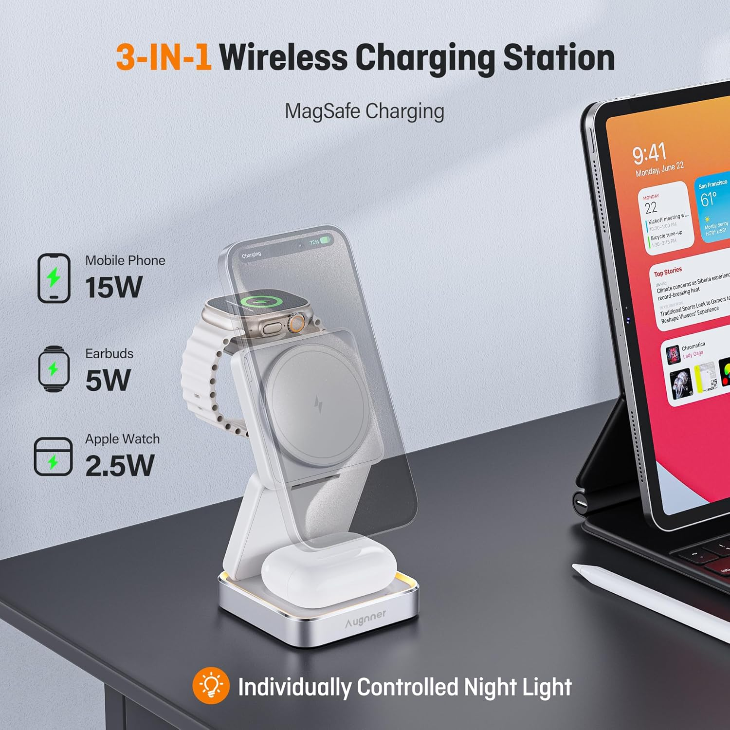 3 in 1 Wireless Charger, Foldable Wireless Charging Station with Night Light for Apple Charger, Portable Travel Magnetic Charger Stand, 15W Nightstand Fast Charging Station (White) - White image number 4