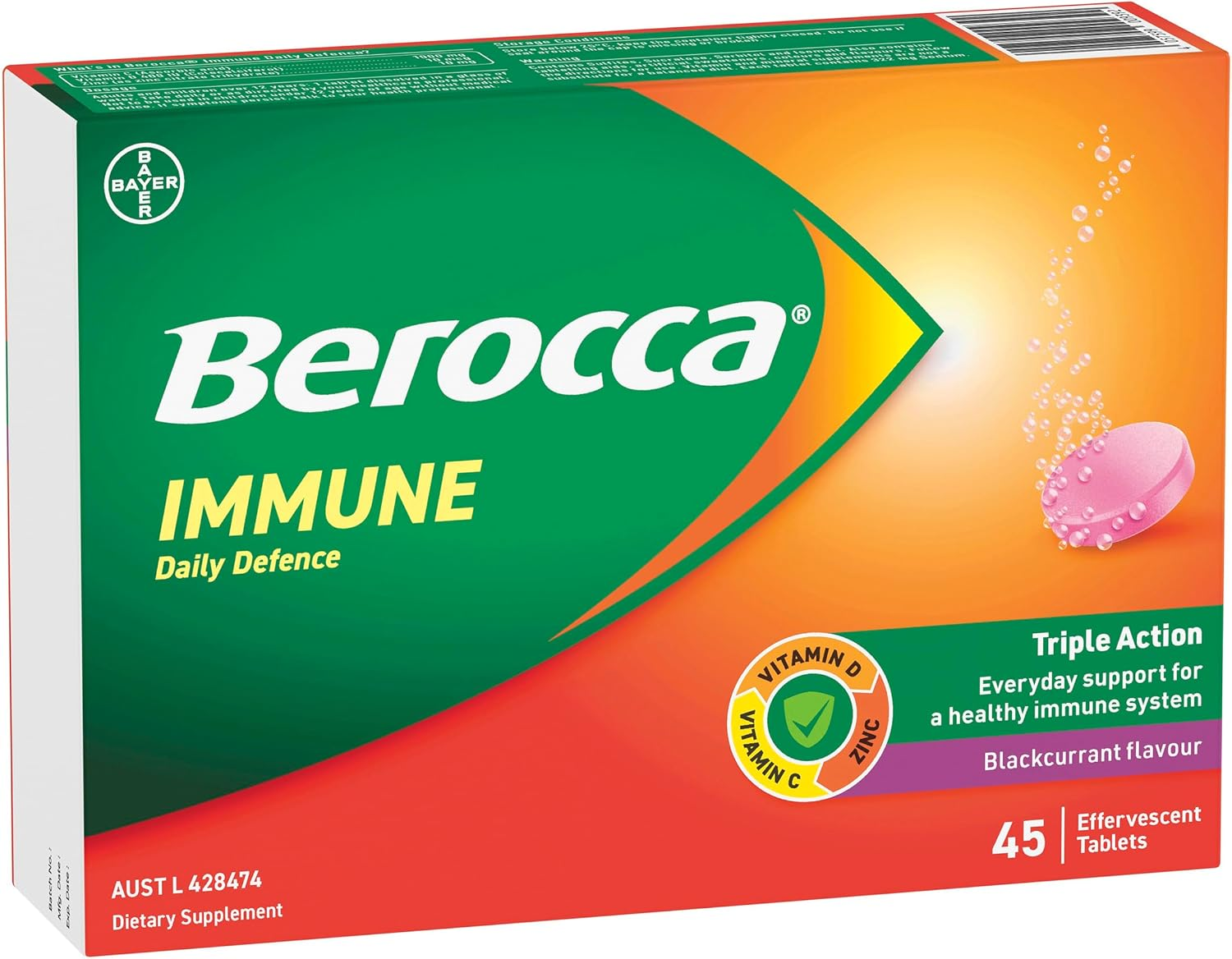 Berocca Immune Daily Defence Vitamin C, D and Zinc, Blackcurrant Flavoured Effervescent Tablets 45 Pack
