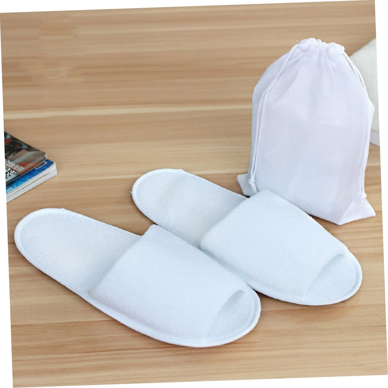WOONEKY Single Use Slippers Travel Slippers 4 Pairs Foldable Portable Disposable for Guests Breathable Toweling EVA Material Sanitary Hotel Use image number 2