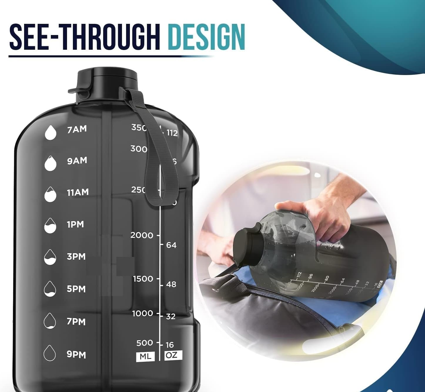 1 Gallon Water Bottle with Times to Drink - 128 Oz Sports Water Bottle with Straw - Motivational Gym Water Jug image number 2