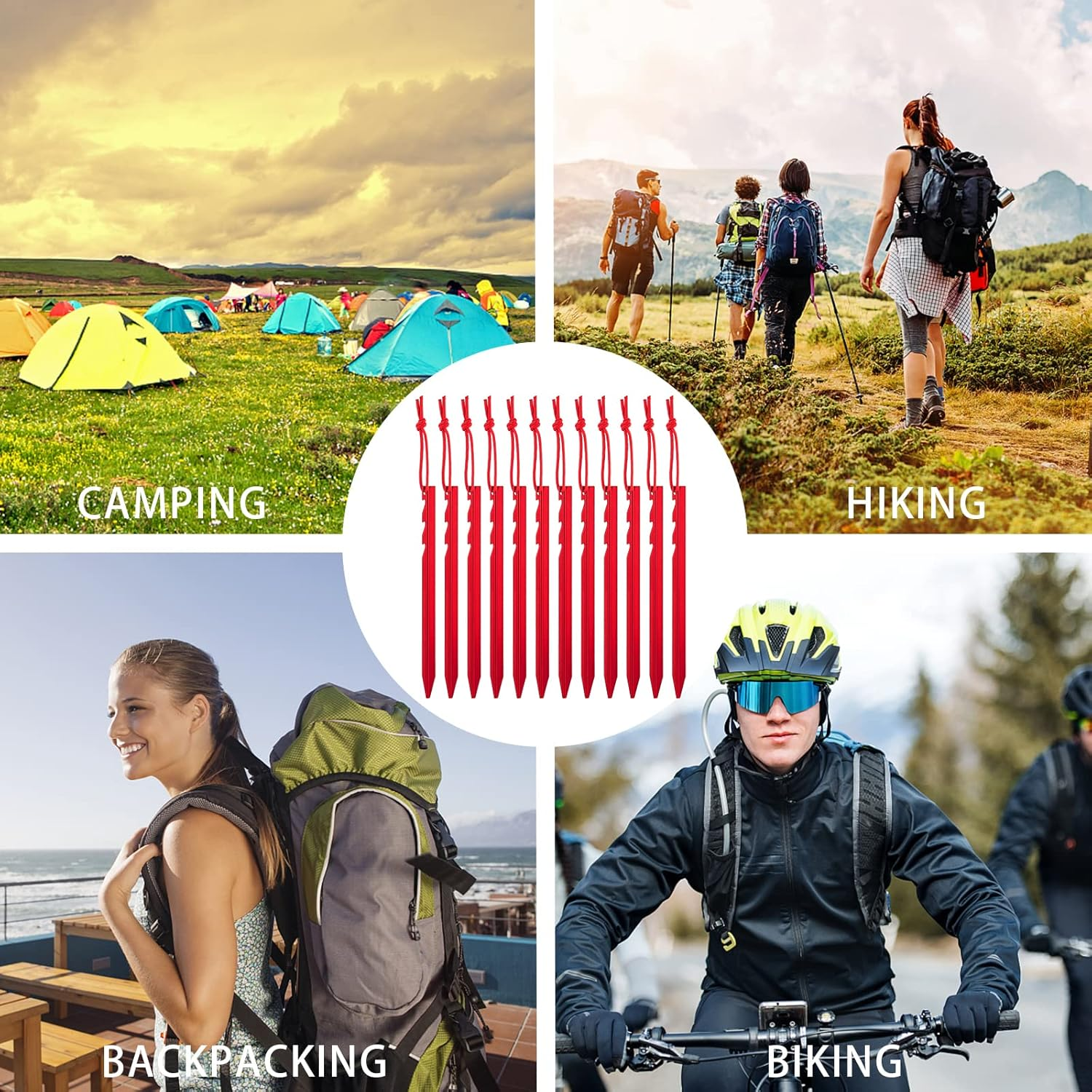 12 Pieces Tent Pegs, Triangular Sawtooth Heavy Duty Tent Pegs Aluminium Alloy Red Camping Tent Stake Nail with Reflective Rope for Camping, Outdoor, Beach, and Hiking image number 4