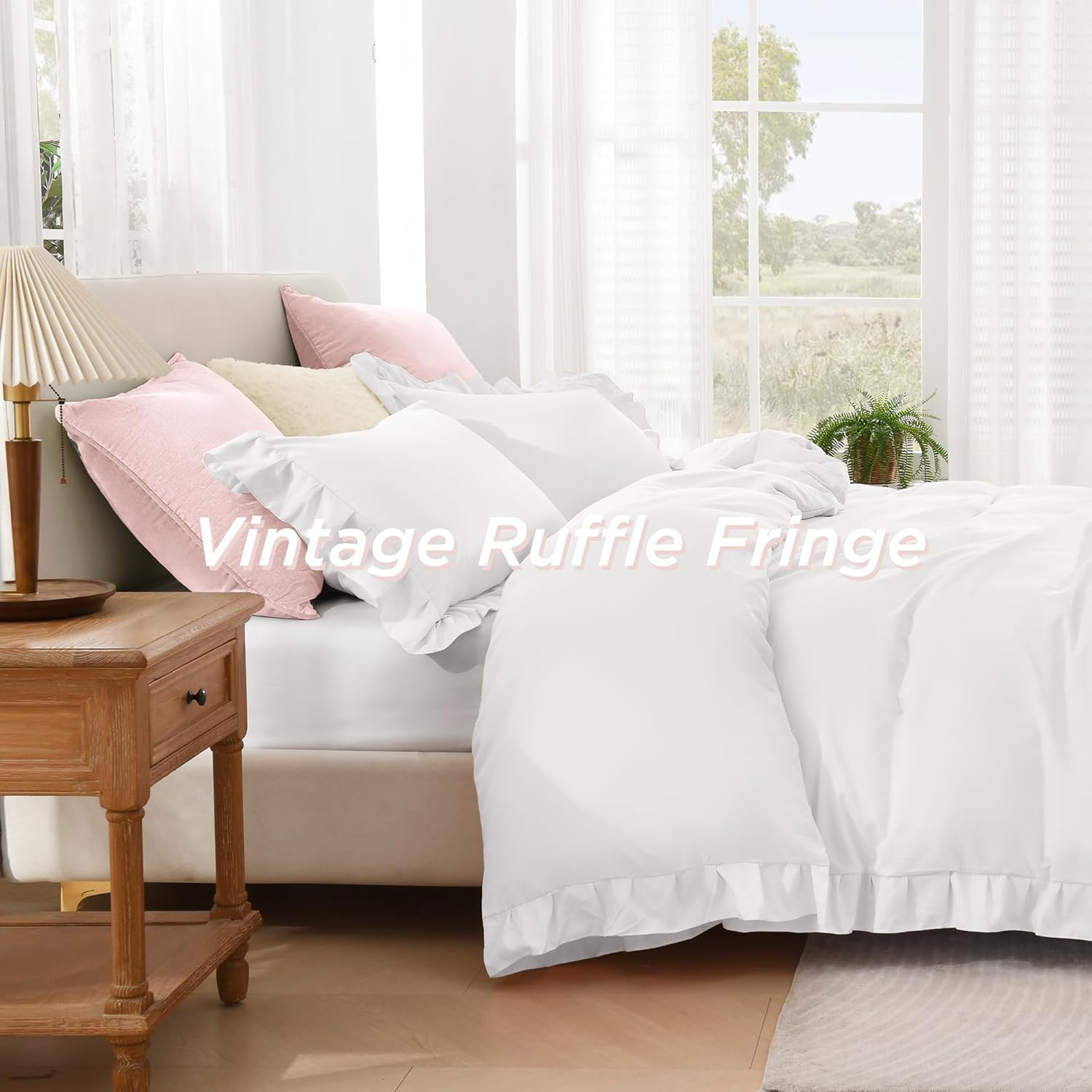 Andency White Ruffle Duvet Cover Full(79X90Inch), 3 Pieces Farmhouse Shabby Chic Ruffled Duvet Cover, Soft Microfiber Duvet Cover Set with Zipper Closure, Corner Ties image number 2
