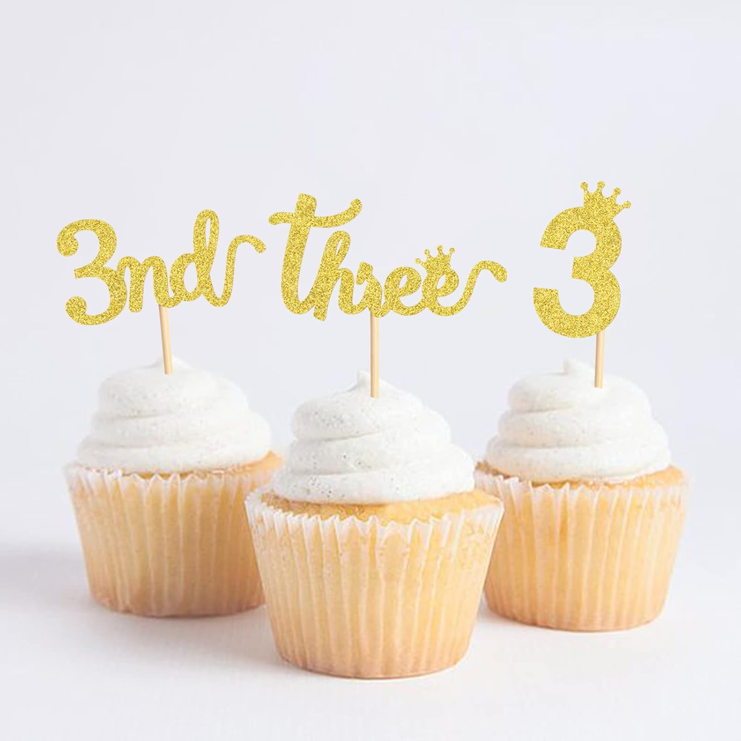 24PCS 3Nd Crown Birthday Cupcake Toppers Three Birthday Three Cupcake Picks Baby Shower Theme Prince Crown Party Cake Decorations Supplies Gold image number 4