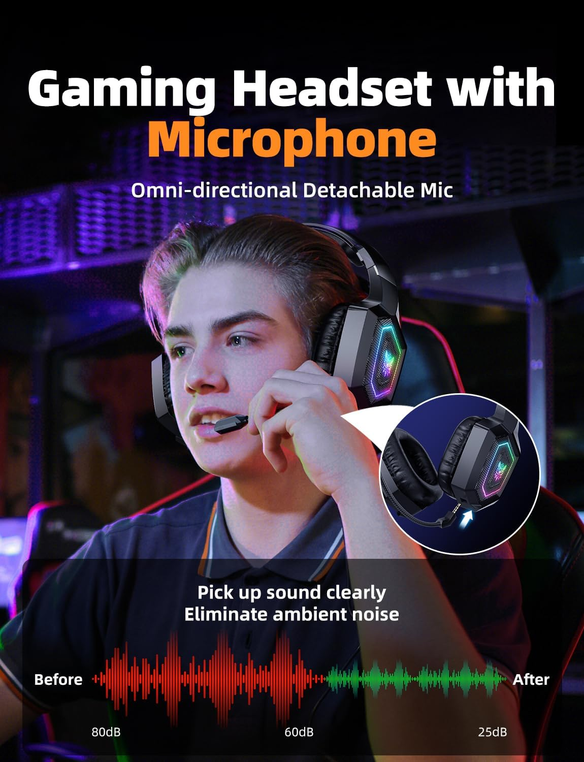 2.4Ghz Wireless Gaming Headset for PC, Ps4, Ps5, USB & Type-C Gaming Headphones with Detachable Microphone, Bluetooth 5.4 over Ear Gamer Headset Compatible for Switch, Laptop, Mobile, Mac, RGB Light - Black image number 5