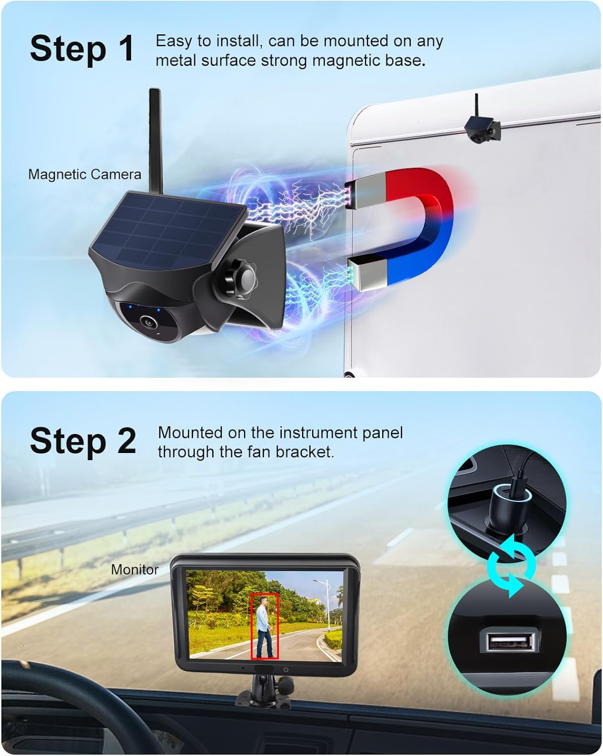 AI Magnetic Solar Wireless Reversing Camera: Pedestrian & Vehicle Detection, 1-Min Install, No Wiring/Drilling, Gesture Control, Night Vision, 5" 1080P Monitor for RV, Trailer, Truck, Motorhome image number 3